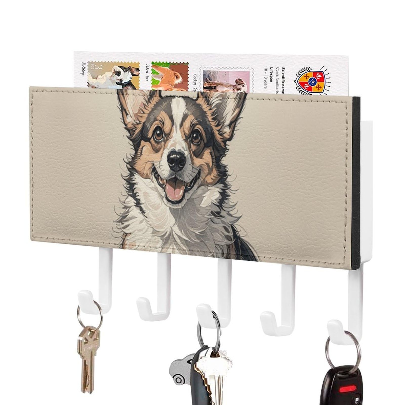 DWVTSLH Hand Drawn Sketch Corgi Key Holder for Wall, Decorative Key Hooks with Mail Organizer & 5 Hooks, Self Adhesive Leather Key Hanger for Entryway, Wall Mounted Key Rack (7.1” X 4.3” X 0.9”)