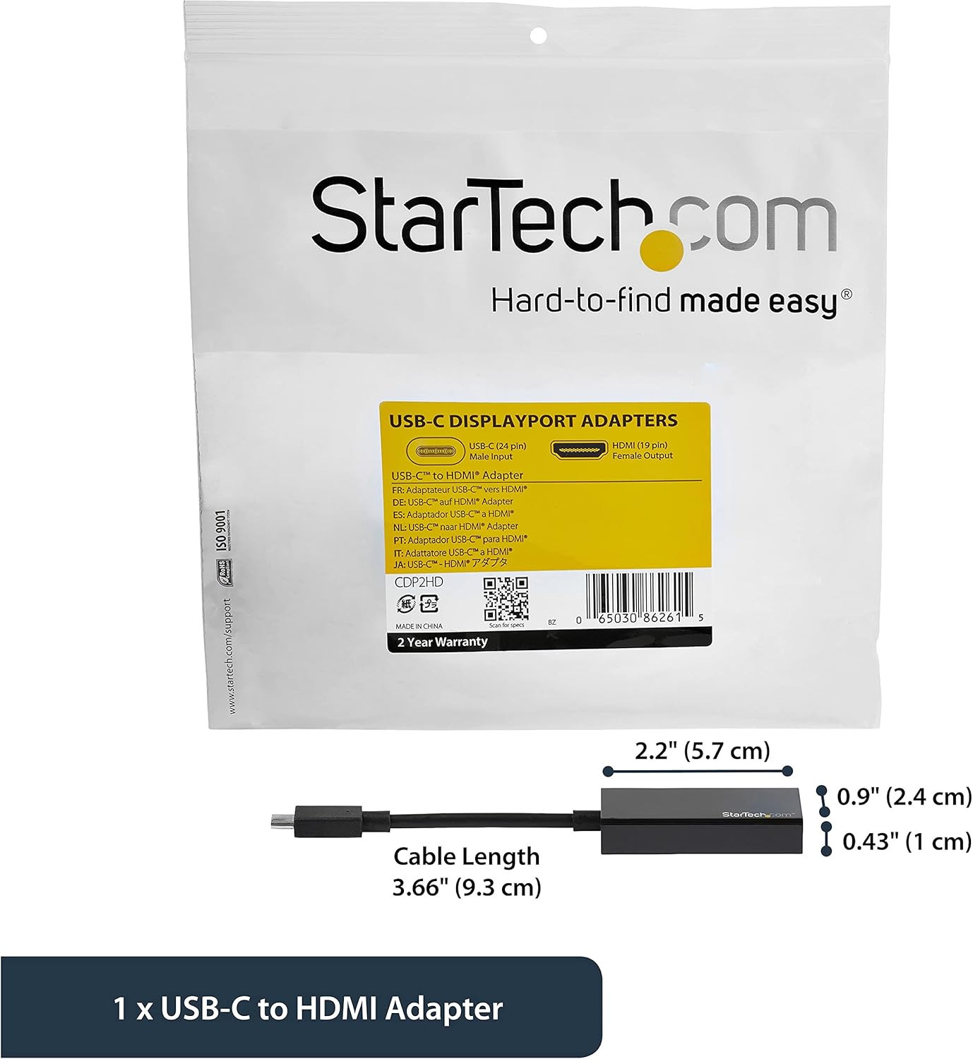 StarTech.com USB-C to HDMI Video Adapter Converter - 4K 30Hz - Thunderbolt 3 Compatible - USB 3.1 Type-C to HDMI Monitor Travel Dongle Black (CDP2HD)