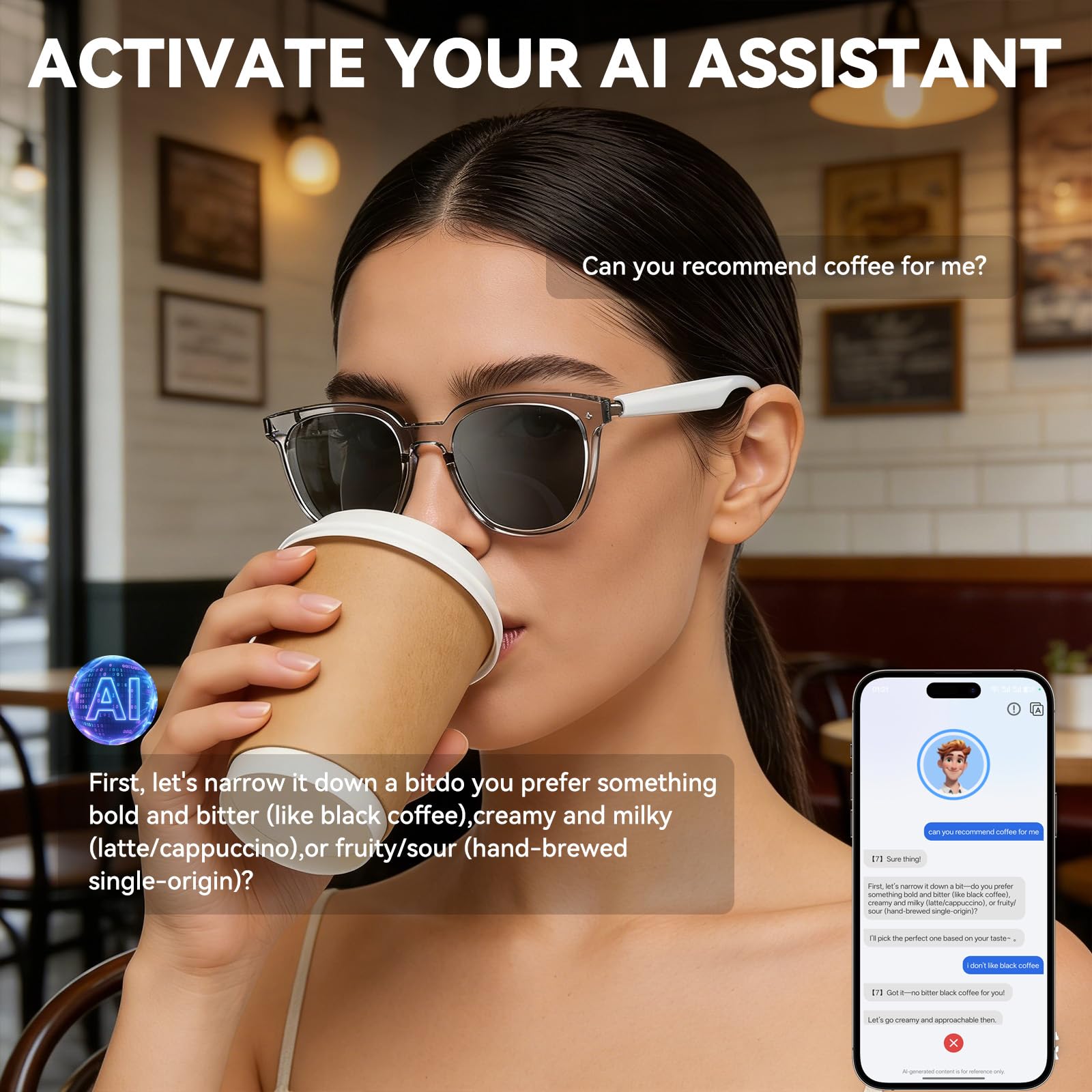Lunettes intelligentes, lunettes de soleil audio avec haut-parleur, lunettes Bluetooth avec commande vocale et oreille ouverte, lunettes d'enregistrement avec traduction