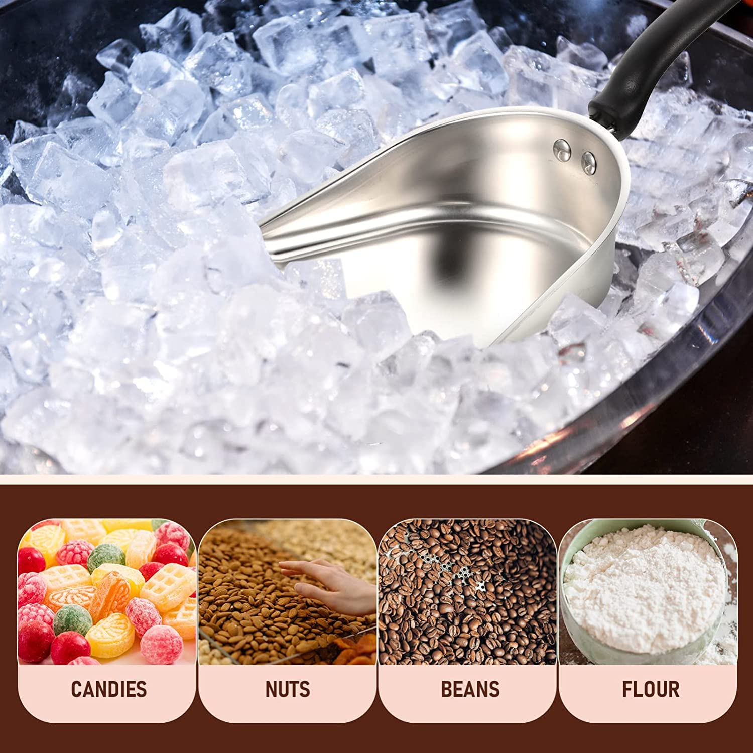 AKAZI Edelstahl-Schaufel Edelstahl-Mehl-Schaufel mit flachem Boden, Eiswürfel, Pulver, Scooper, Milch, Teegeschäft, Metall-Eisschaufel für Eismaschine, Küche, Bar, Schaufel, Kinder-Multitool
