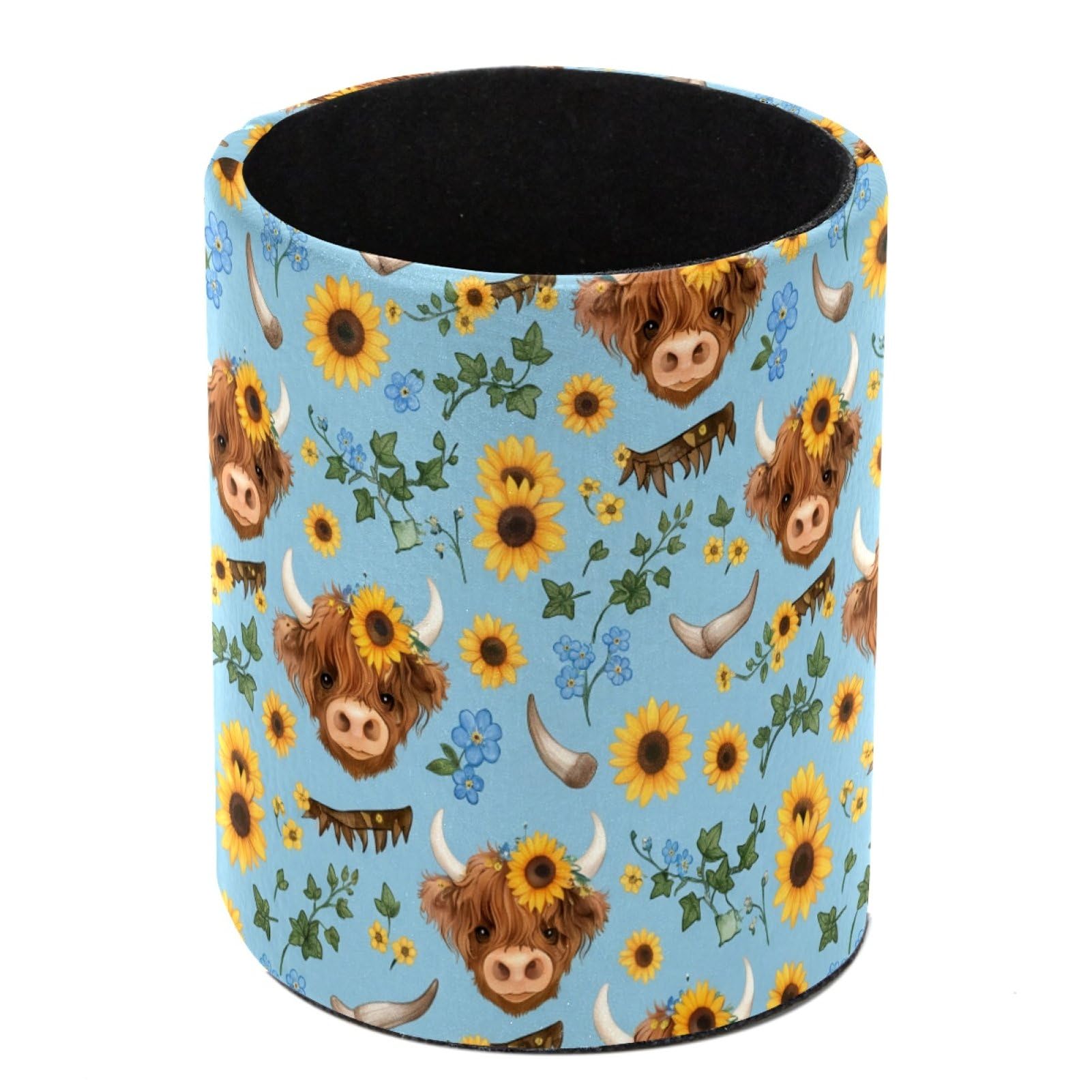 HEOEH Highland Cow Sunflowers Pen Holder for Desk, PU Leather Pencil Holder Pen Cup Marker Holder Makeup Brush Holders, Desk Accessories & Workspace Organizers for Home, Office