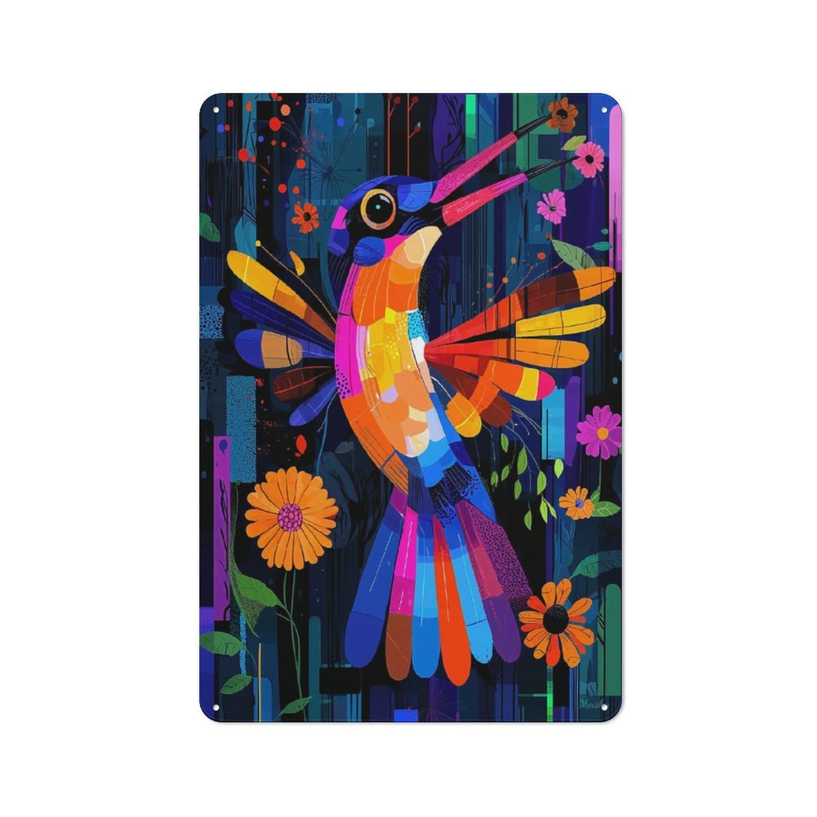 Junmoney Expressionist Geometry Hummingbird – Vibrant 30X20cm Vintage Metal Sign With Abstract Nature Art For Café Or Restaurant, New Home Wall Decor For Restaurant Decor Fans