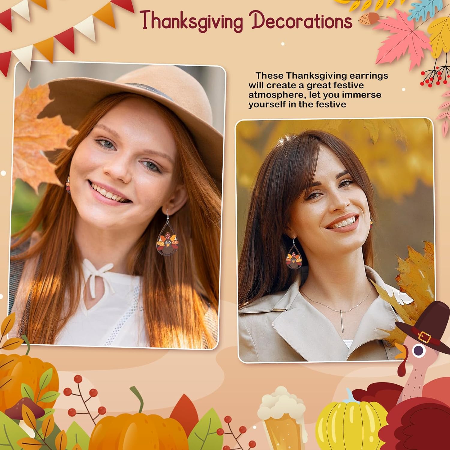 Thanksgiving Turkey Earrings for Women Antumn Fall Maple Leaf Dangle Earrings - Image 4