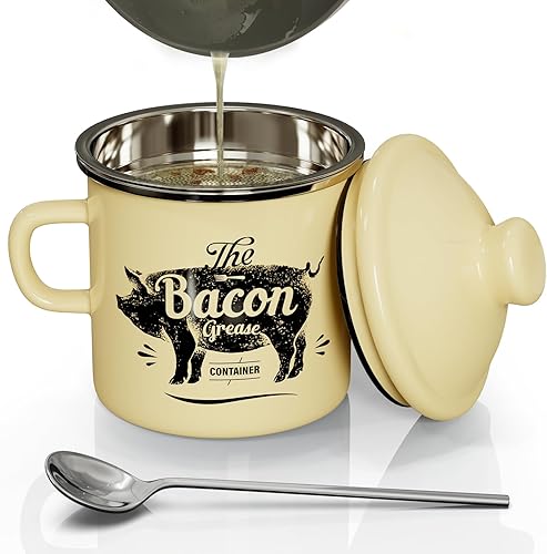 Miniatura 9 de Recipiente de grasa de tocino con colador, recipiente grande de grasa de esmalte de 46 onzas, con espátula de silicona, contenedor de grasa de