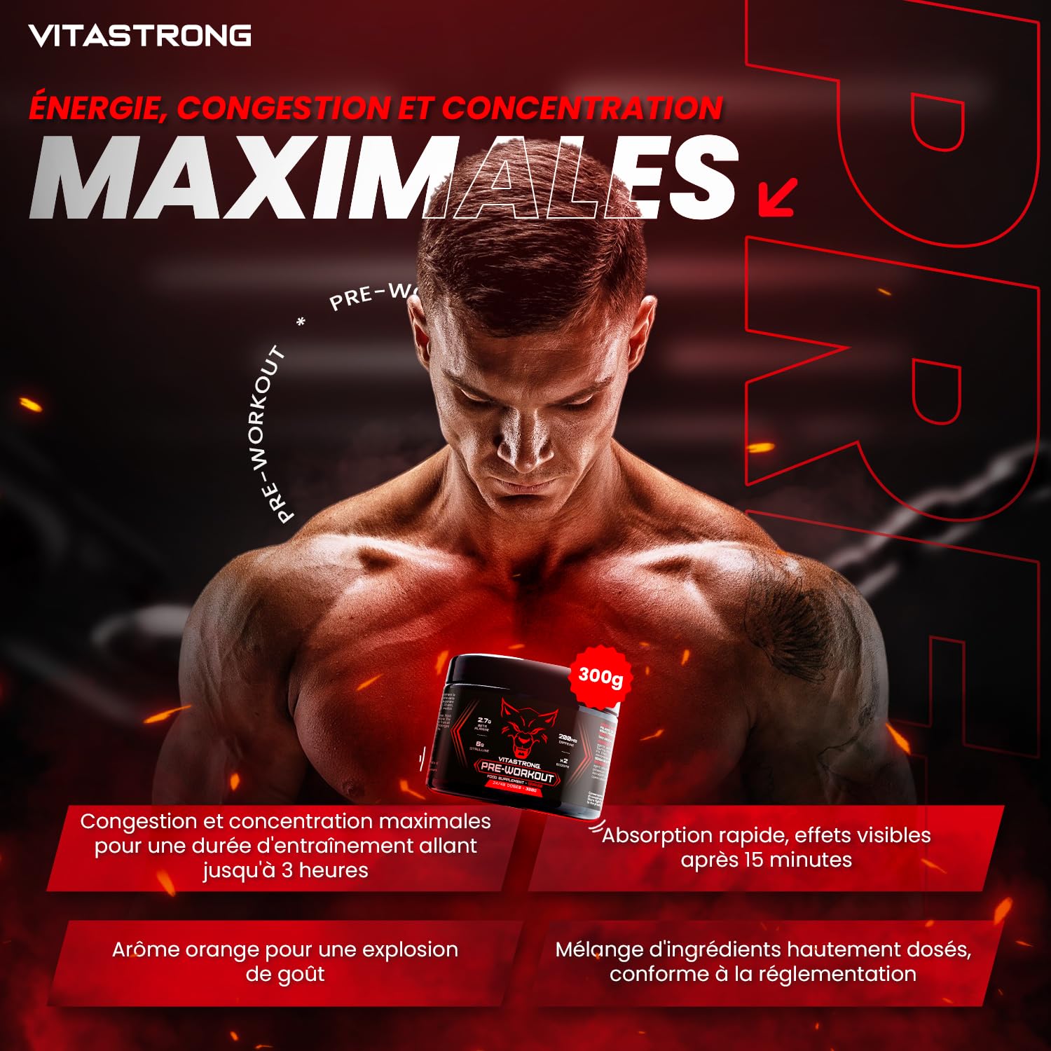 Pre Workout Booster Puissant 300g, Goût Orange, 24 Portions, Vitastrong | Vegan Preworkout, Vitamine B12, L Citrulline, Beta Alanine, Cafeine, Taurine, AstraGin