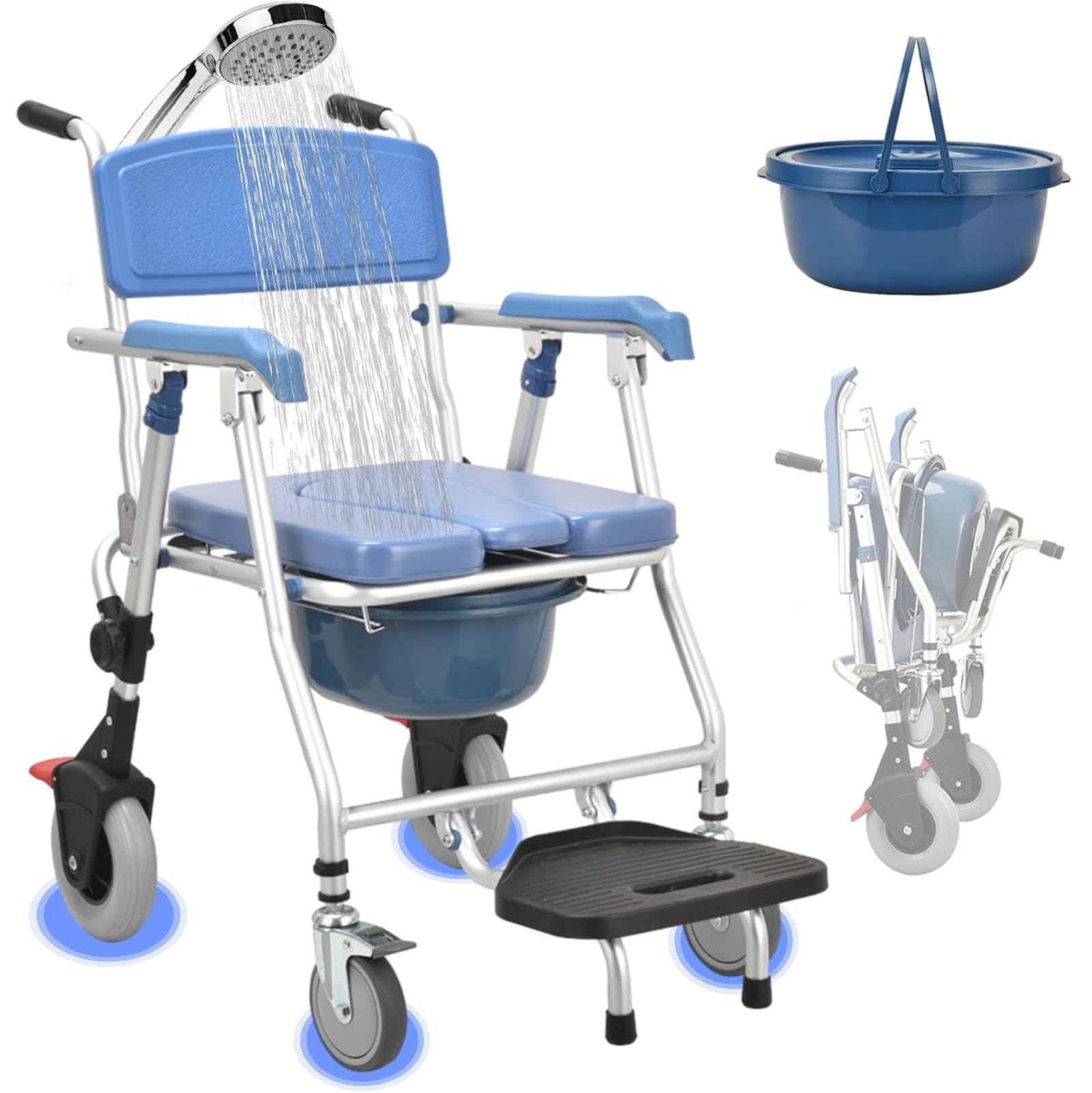 Chaise de toilette à roulettes avec dossier confort et seau amovible