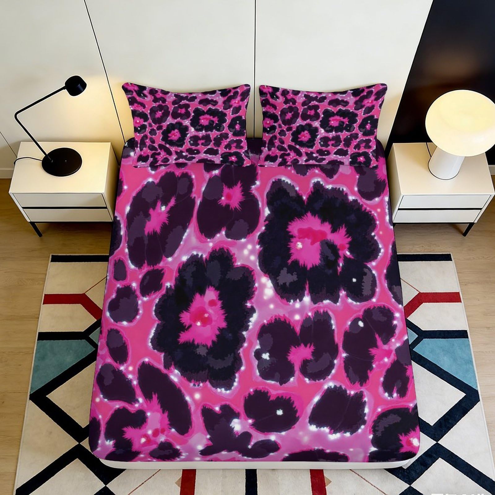 Decorative Pink Leopard Fitted Sheet, 3D Printed, Microfiber Soft Touch, Wrinkle Resistant, Bed Cover for Bedroom, Guest Room, Apartment Bedding, Easy Care, Stylish Accent, Anti-slip 180x200x25cm