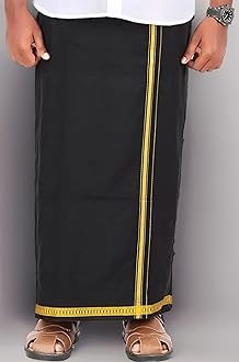 KAKUMANU Men's Pure Cotton Lungi (2 Meters) Casual Daily Ware Black Lungi Free Size Thin Gold Border
