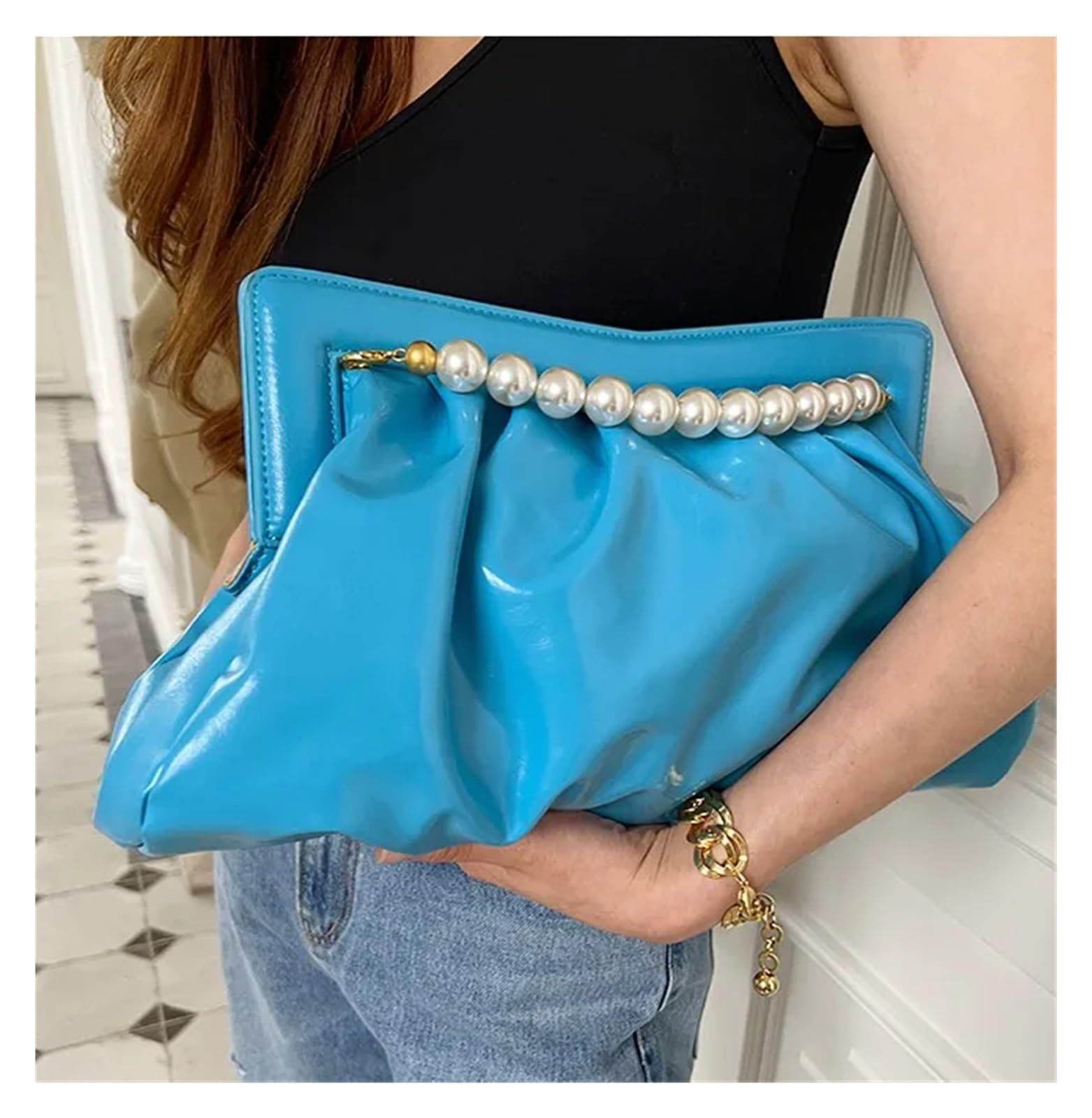 Pochette per donna Pochette da donna con pieghe, design a catena di perle, borsa da donna, borsa da banchetto in pitone, busta da sera, pochette da donna, borse a mano, bolsas Pochette Donna Elegante(