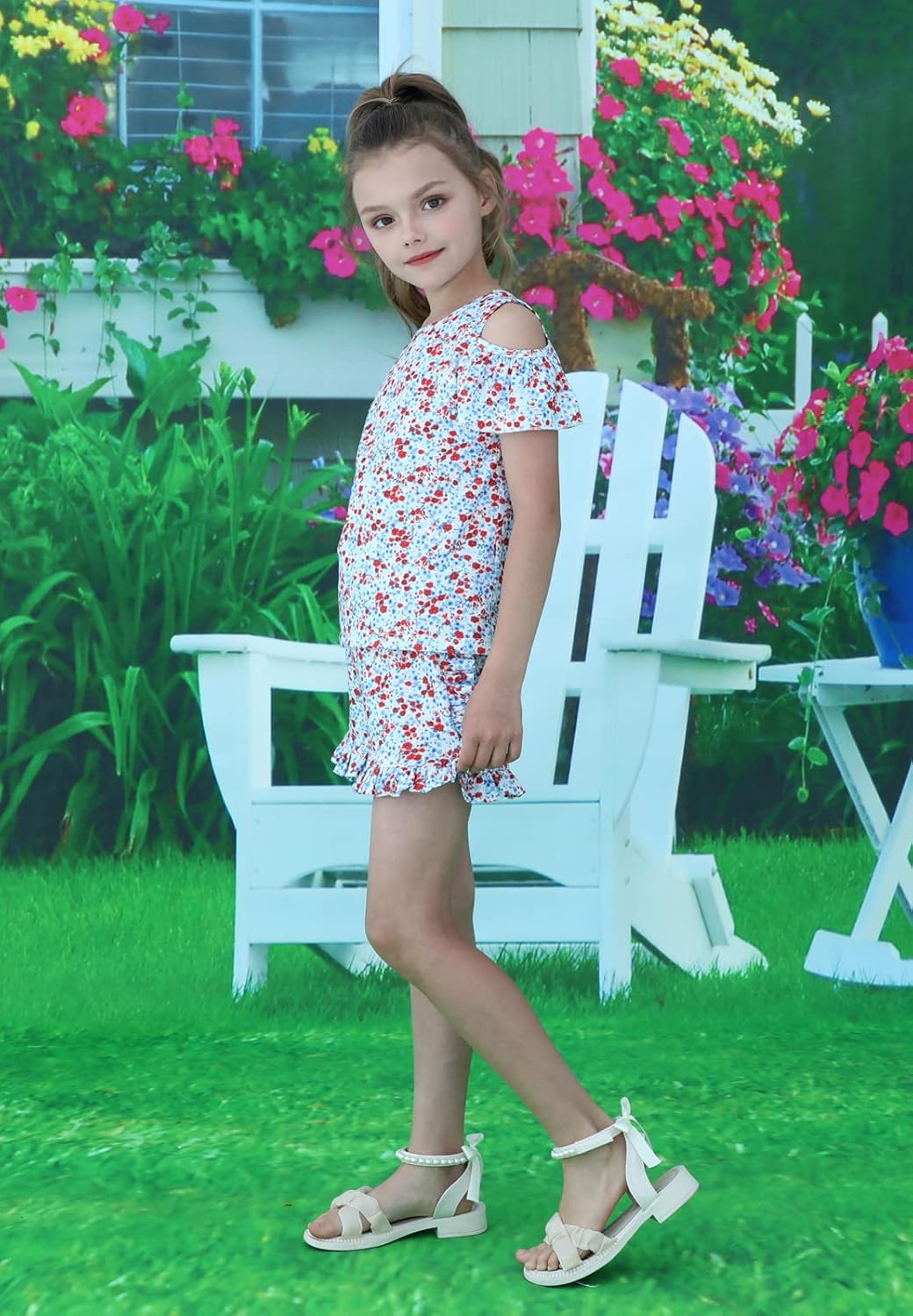 HILEELANG Girl Short Sets Summer Track Short Sleeve Off Shoulder Top Shirts Blue Flower Shorts Playwear Outfits Clothing Sets 8 Year
