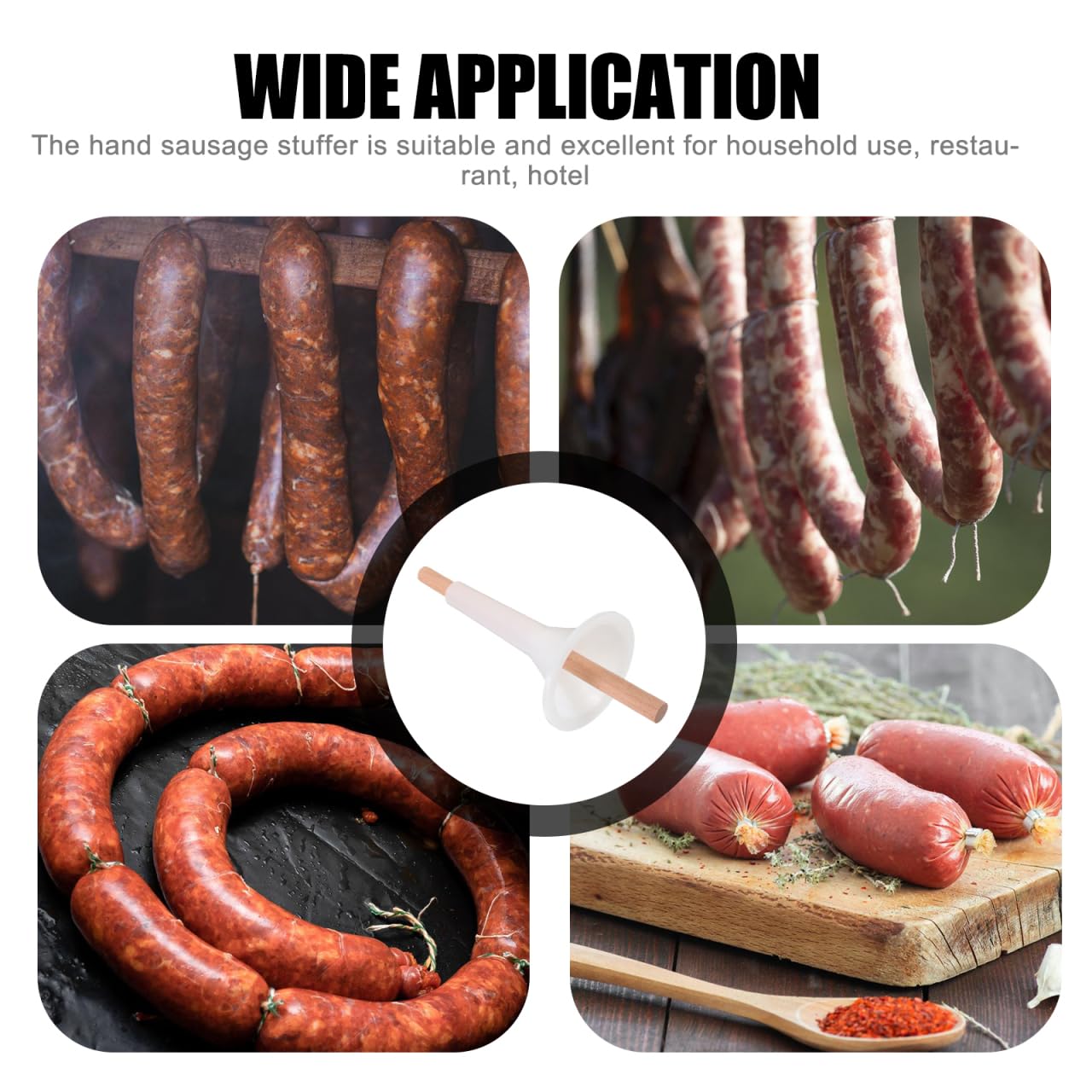 Manual Sausage Stuffer Funnel Kit Handheld Sausage Filler Tube with Wooden Stuffing Stick Portable Meat Filling Tool for Home Kitchen Restaurant Hotel Use