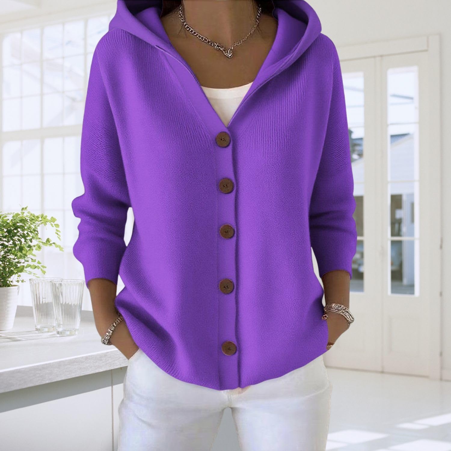 Button Down Sweater Hoodies for Women V Neck Long Sleeve Solid Color Casual Hooded Cardigan Sweaters Loose Fit Knit Jacket Fall Fashion 2025 Lightweight Cardigans for Women Purple L