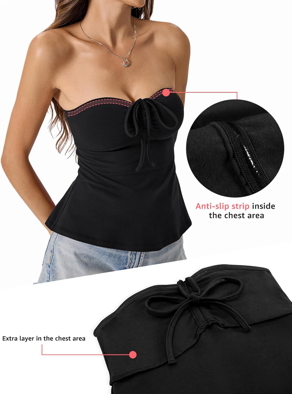 Womens Cotton Tube Tops Tie Front Ruched Strapless Tank Cute Babydoll Bandeau Top Sexy Crop Going Out Outfit - Image 3
