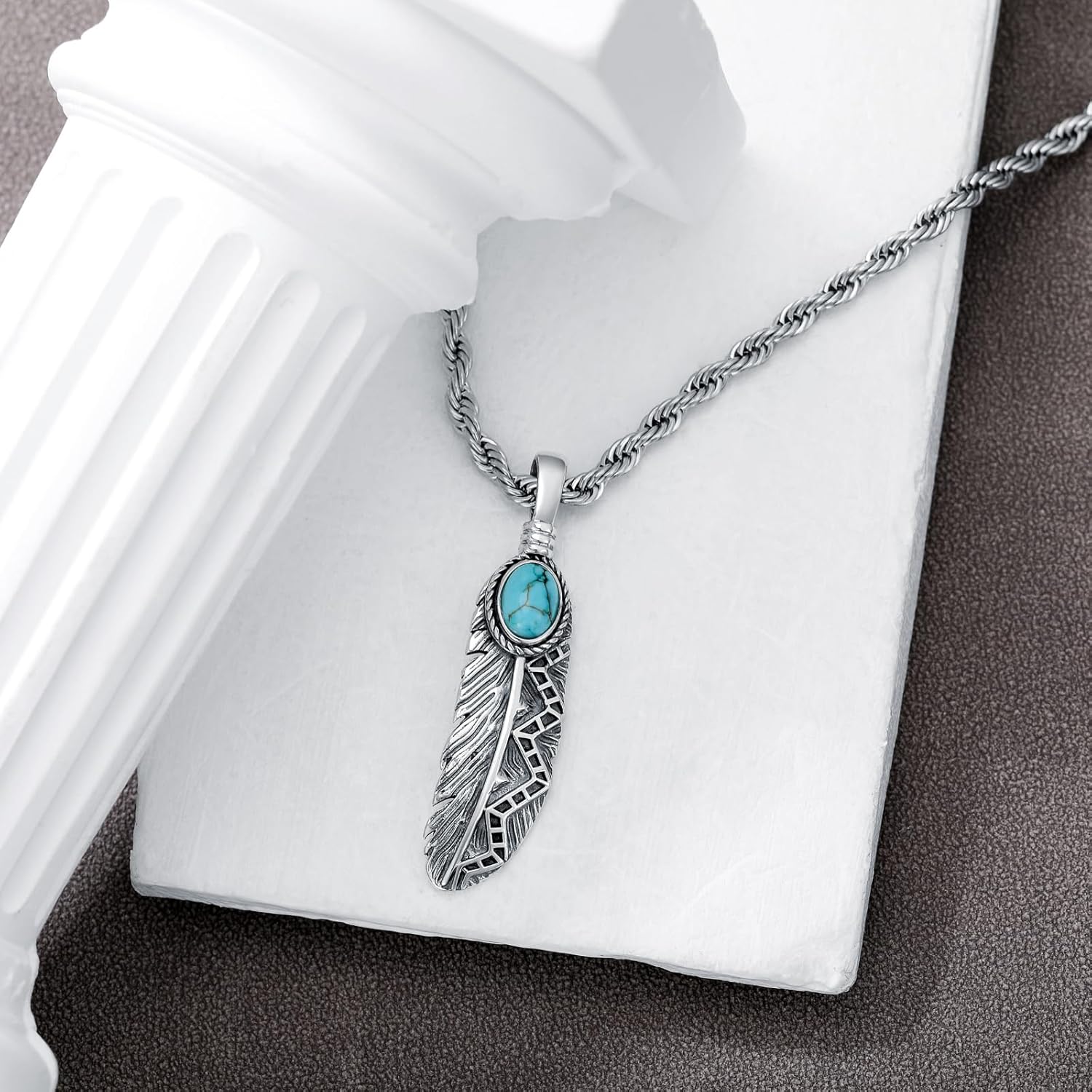 Feather Necklace with Turquoise/Black Onyx in 925 Sterling Silver Indian Feather Pendant for Men Women - Image 5