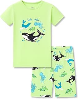 Tebbis Boys Snug-Fit Sport & Cute Print Summer Pajamas Size 4T-14 | Lightweight Breathable Fabric, Short Sleeve Top and Elastic Waist Shorts for Toddlers, Little & Big Boys to Lounge and Sleep