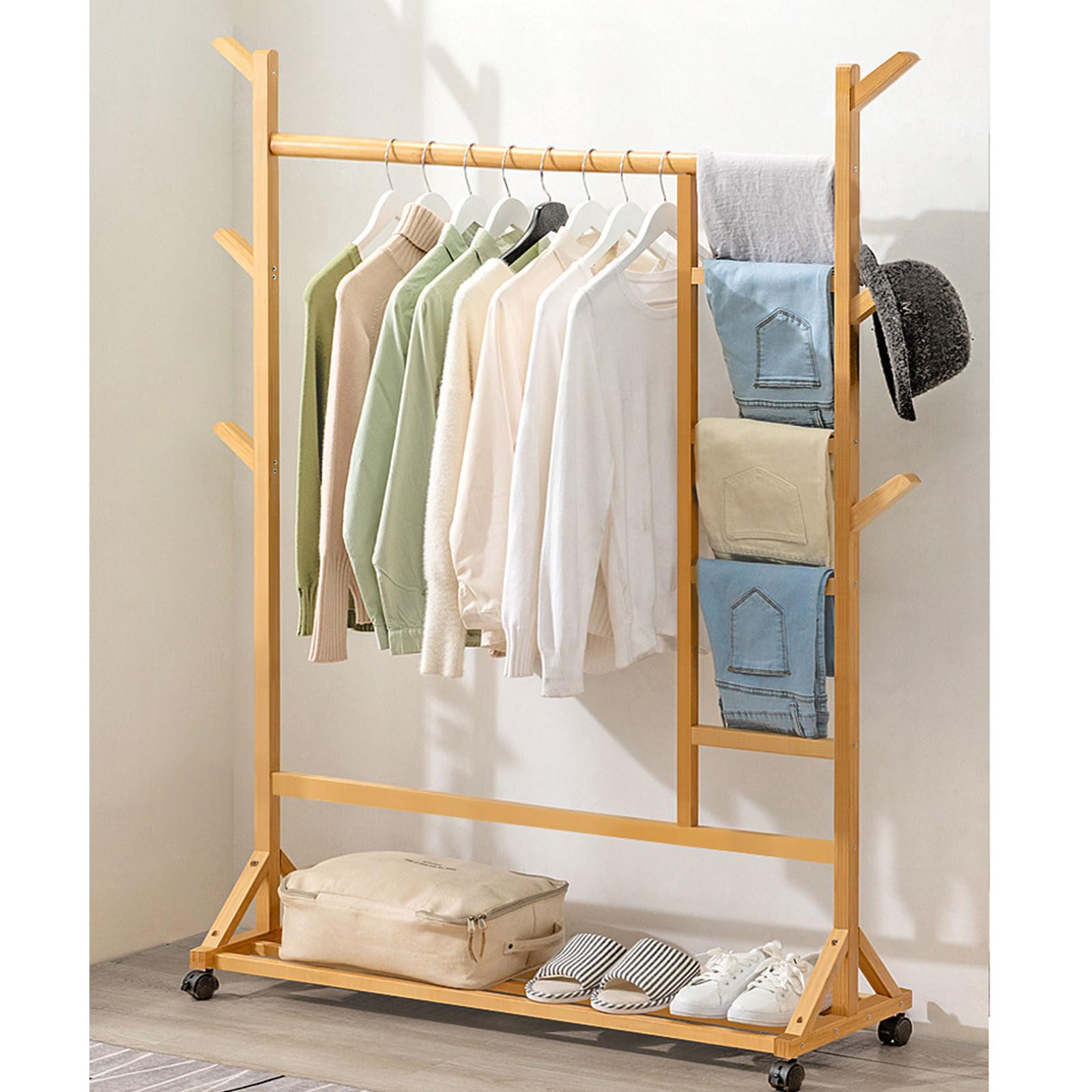 Coat Rack Stand with 6 Hooks and Pants Hanger Bamboo Freestanding Hanger Display Stand Sturdy and Easy Assembly for Clothes Hats Bags in Entryway, Bedroom Living Room Guest Room,100 * 35 * 155cm,A