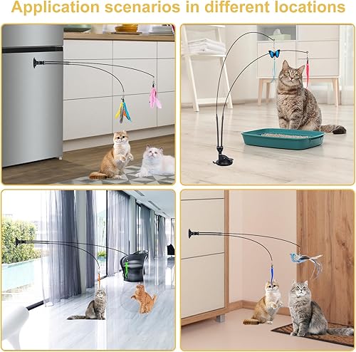 Miniatura 2 de Juguetes de plumas para gatos, 14 piezas con 2 ranuras de súper ventosa, 2 varillas desmontables y 11 piezas de repuesto con campana, juguete