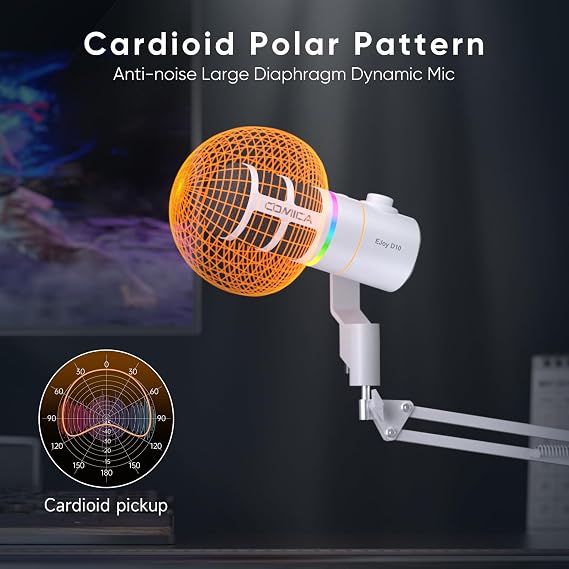 COMICA EJoy D10(A) USB Gaming Microphone Boom Arm Mic with Noise Cancellation, XLR/USB-C, Real-Time Monitoring, Muting, RGB Professional Studio Mic for Gaming, Streaming, Podcast, Recording (White)