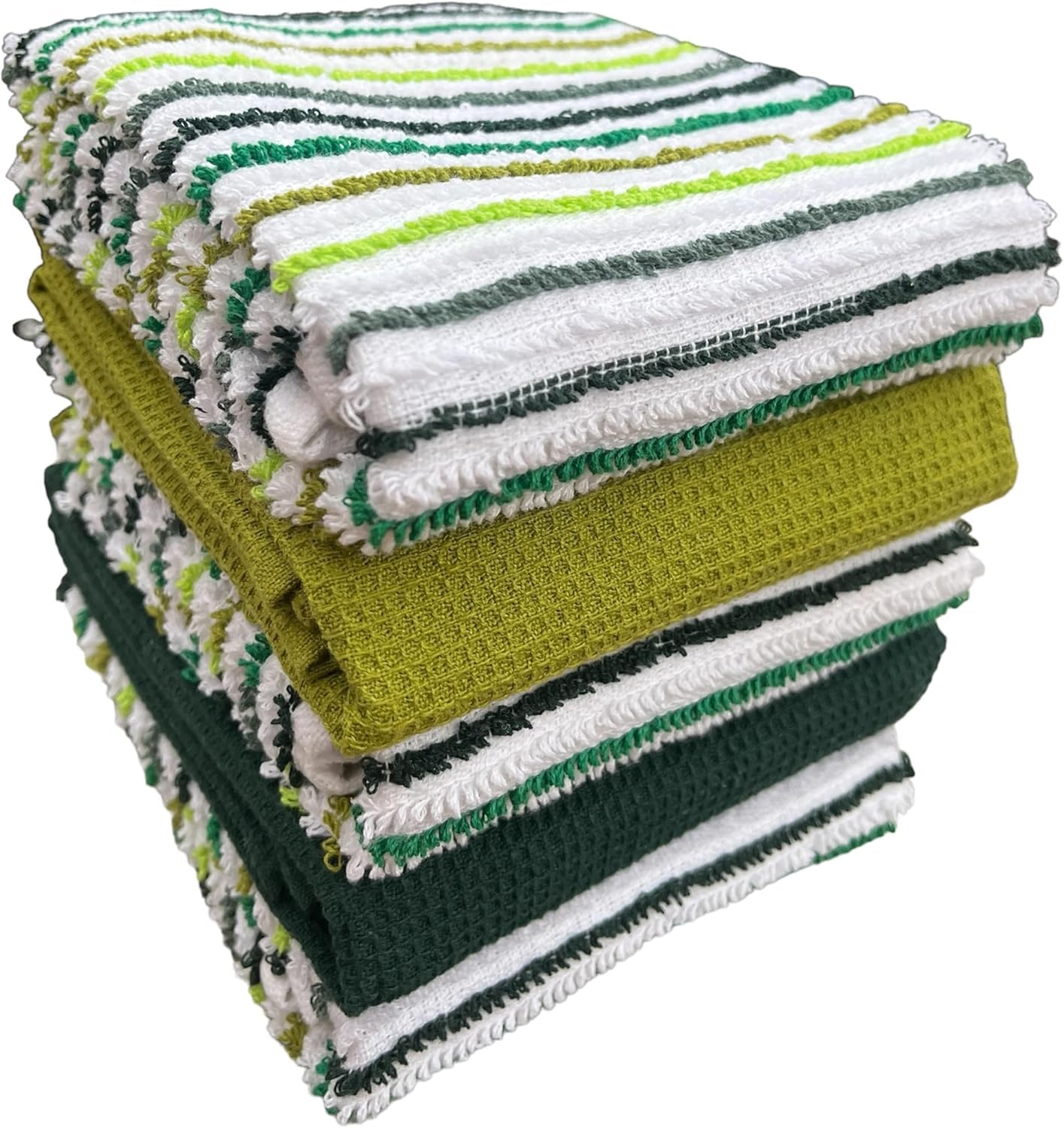 POSHLIVING 5 Pack Terry Kitchen Tea Towels Cotton Super Absorbent Quick Drying Soft Towel Dish Cloths Striped, Stripe Green