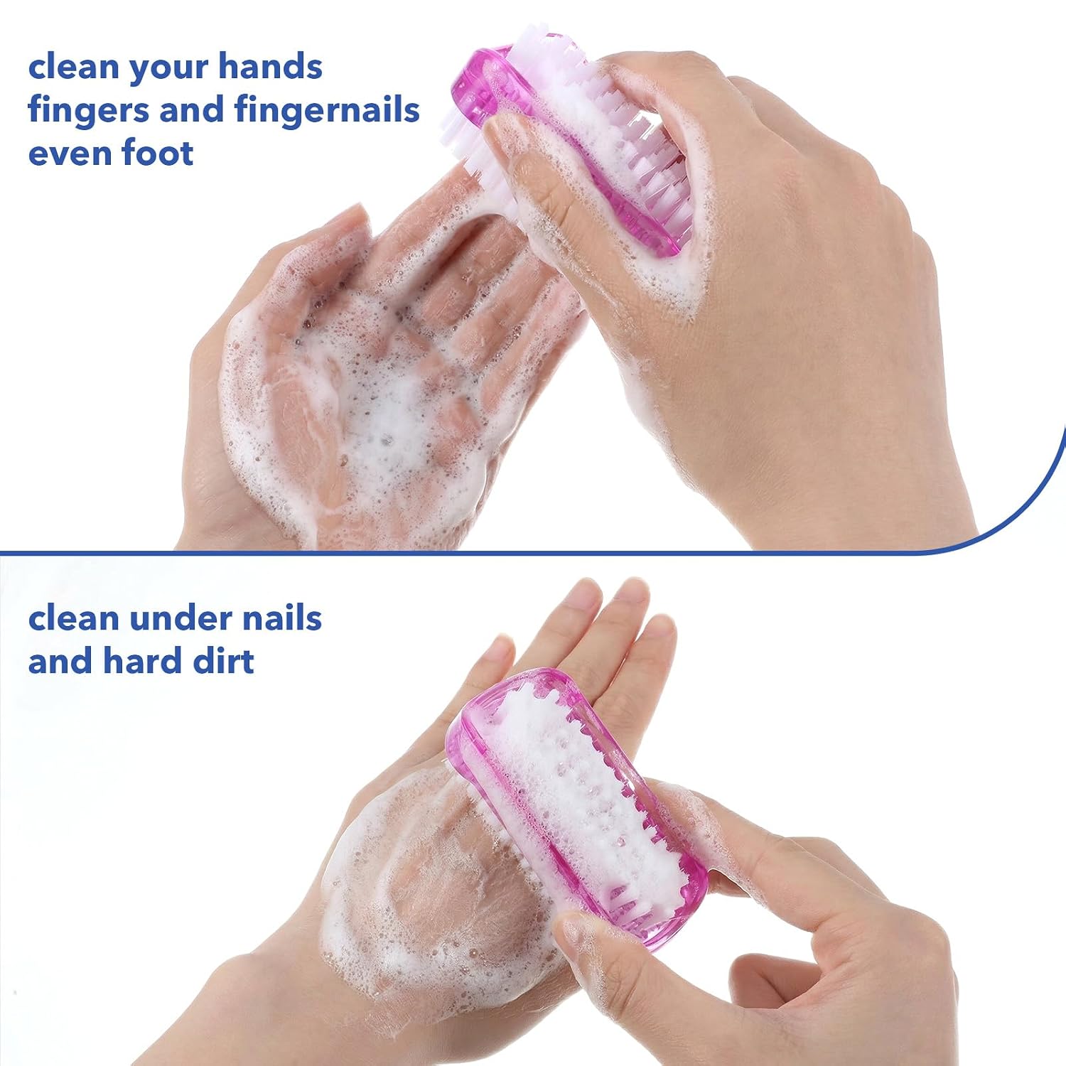 4 PCS Fingernail Hand Scrub Brush, Two Sided Nail Brush for Cleaning Fingernails, Soft Stiff Nylon Bristles Scrubber Brushes Tools for Hand, Toes and Under Nails Men Women Kids (White Blue Purple Red)