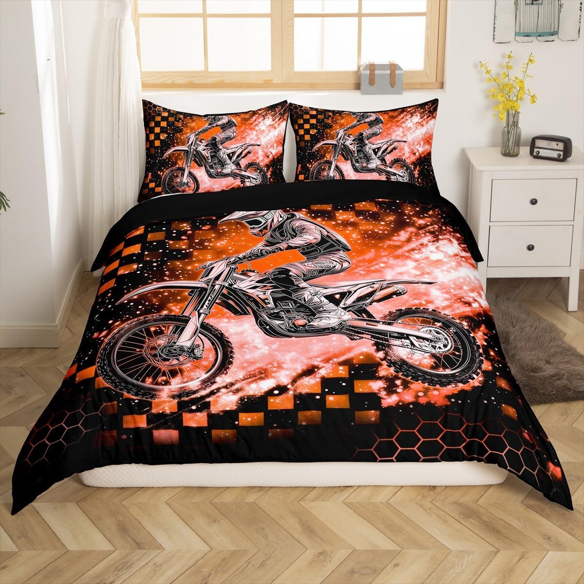 jejeloiu Dirt Bike Comforter Cover Queen Size, Kids Motorbike Bedding Set Boys Girls Sports Comforter Cover Racing Motocross Rider Bedspread Cover Zipper (No Comforter)