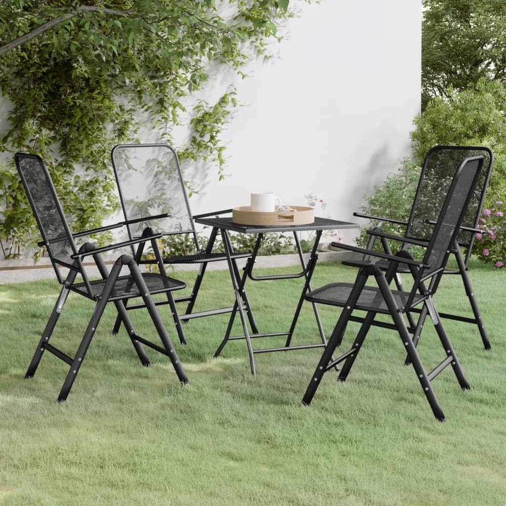 vidaXL 5 Piece Patio Dining Set with Foldable Chairs and Table, Adjustable Reclining Backrest, Expanded Metal Mesh Construction, E-Coating Finish - Anthracite
