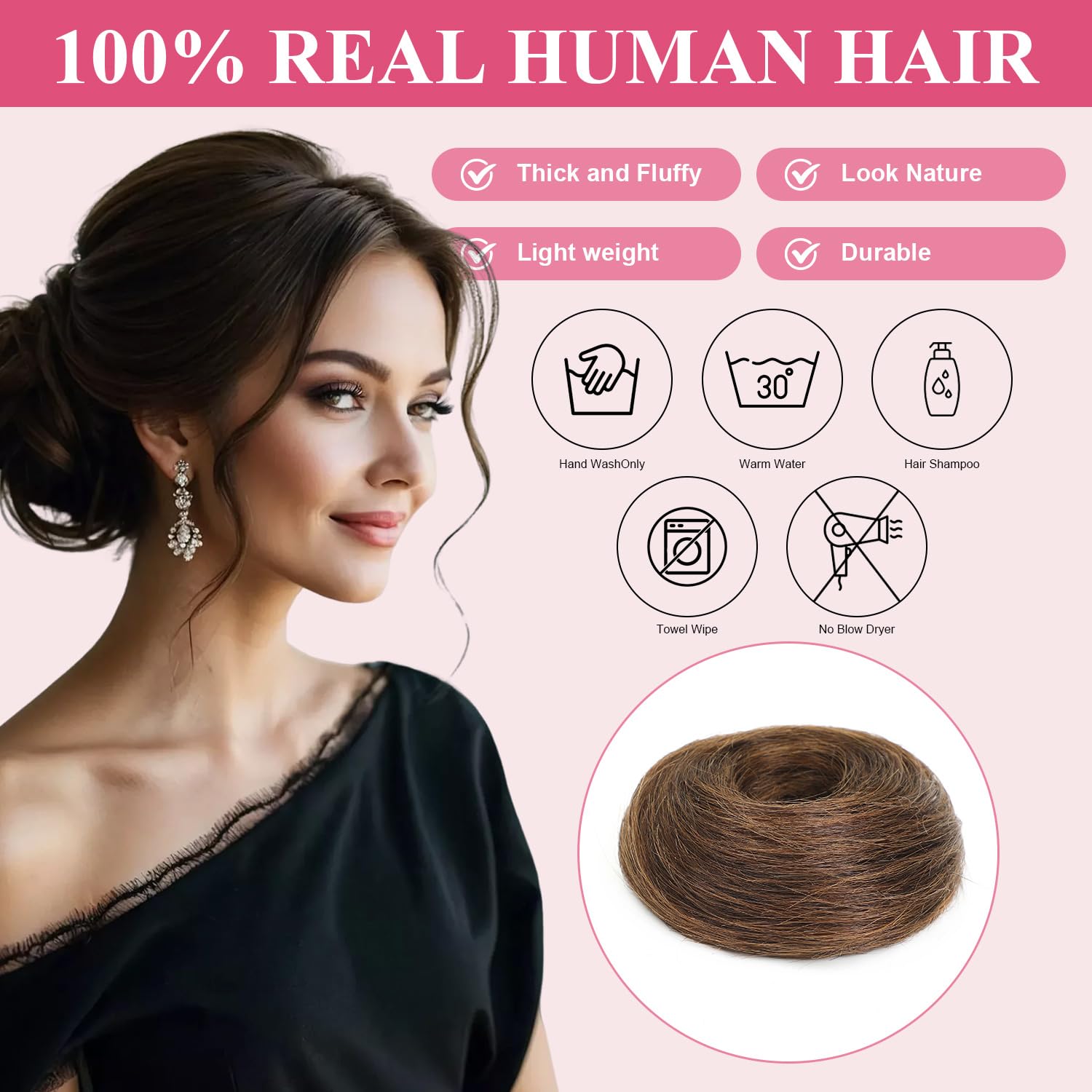 2Pcs Messy Bun Hair Piece 100% Human Hair Stretchy Fluffy Donut Updo Fake Bun Ponytail Extensions with Elastic Band for Women #4 Medium Brown