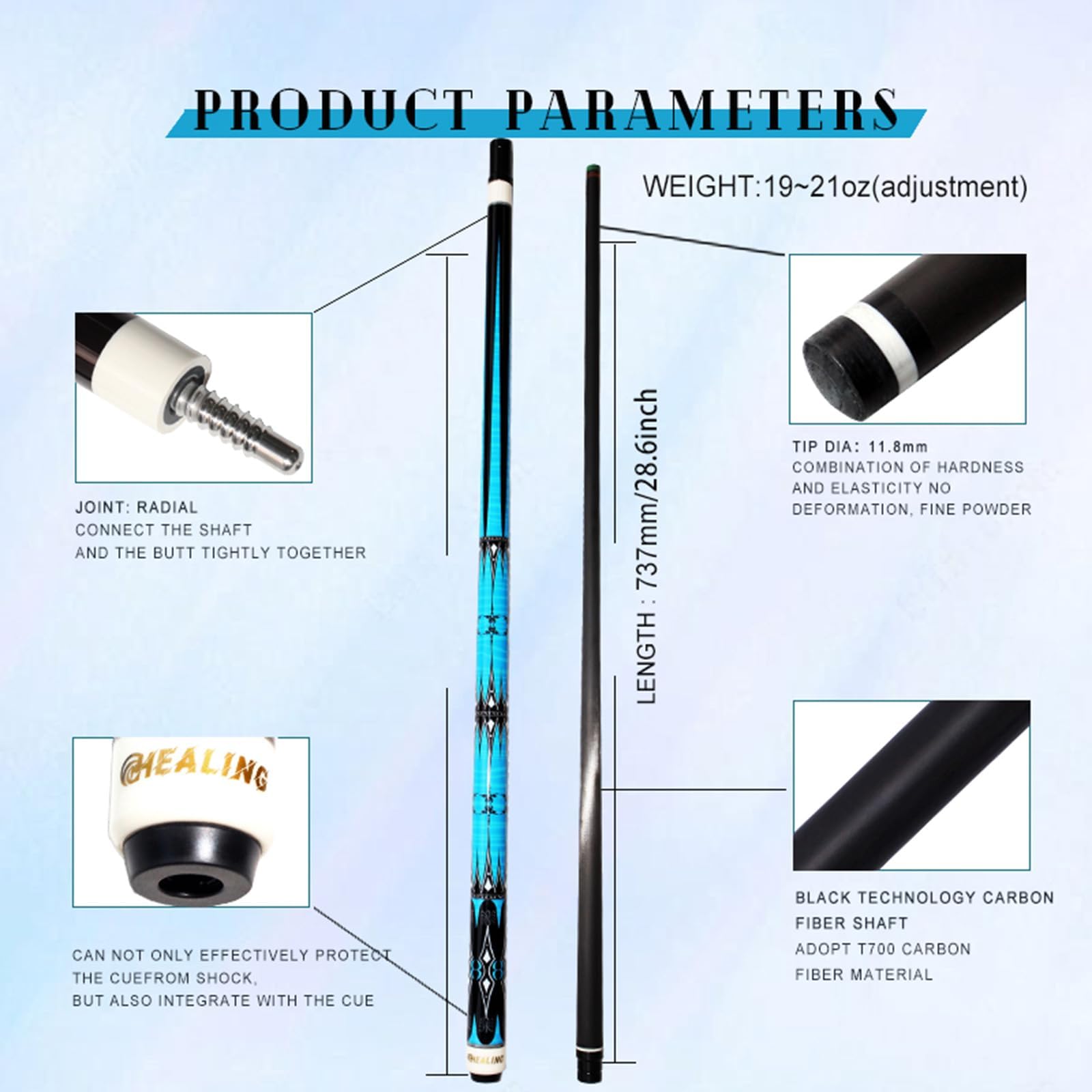 Carbon Fiber Billiard Cue, Playing Cue with 11.8mm Head, 1/2 Professional Billiard Cue, 58’ with 8-Tooth Connector for Billiard Enthusiasts