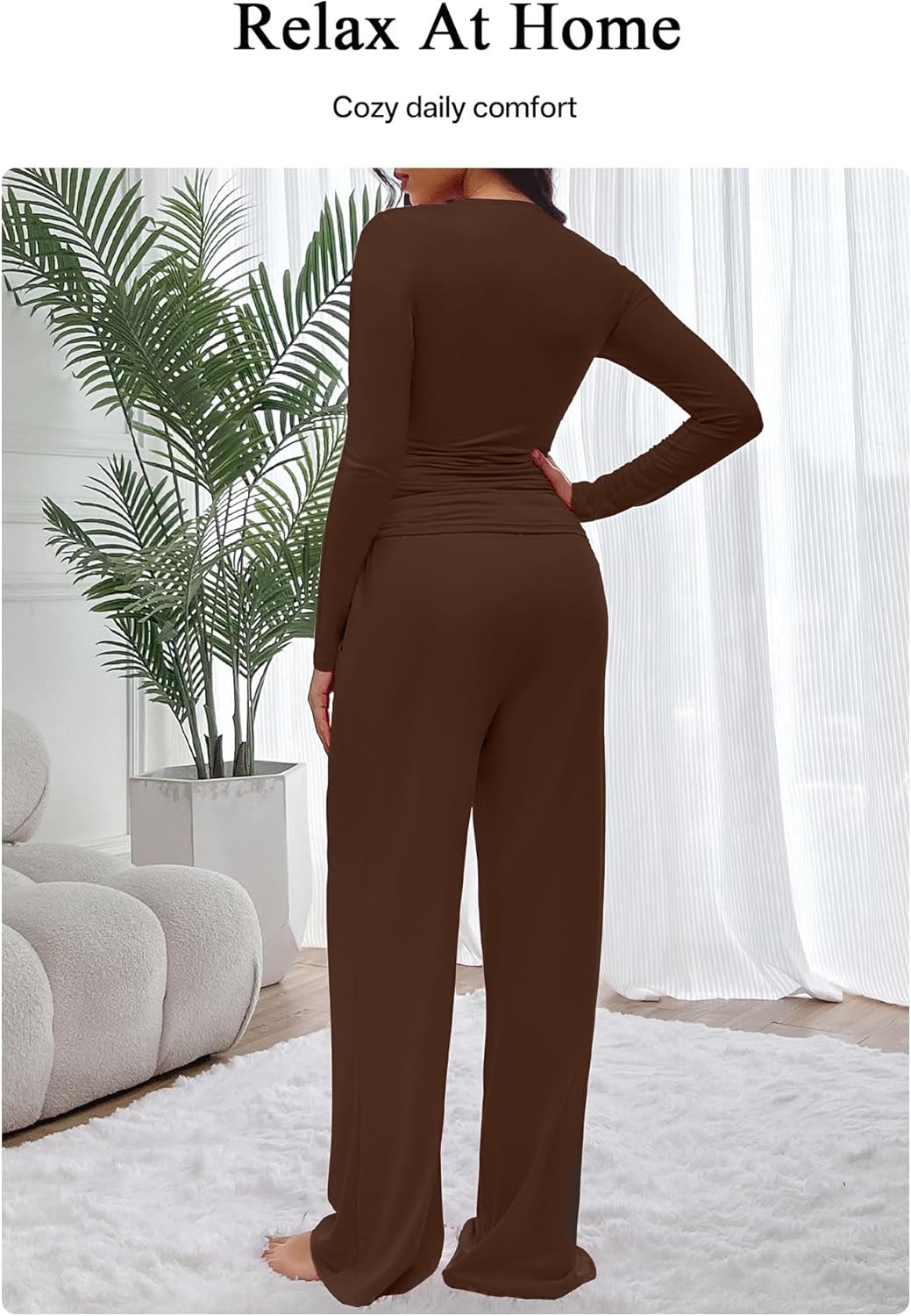 Women's 2-Piece Lounge Set - Long Sleeve Top and Wide-Leg Pants - Drawstring Waist Pajama Set, Pockets, for Lounging - Image 5