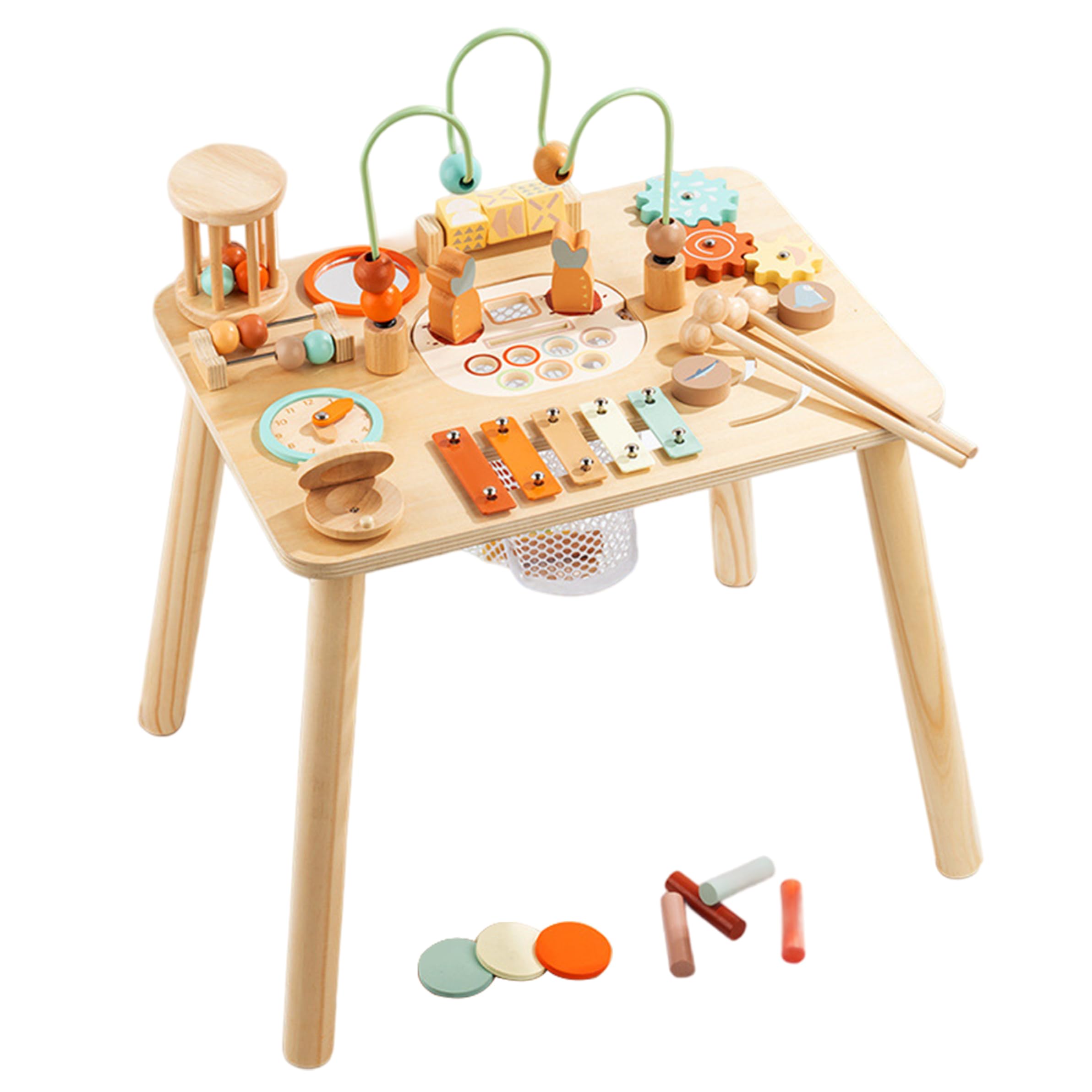Mesa de Actividades Montessori, Laberinto de Cuentas Naturales para niños pequeños de Madera, Juego de Pesca 13 en 1, clasificador de Formas, xilófono, Primer cumpleaños.