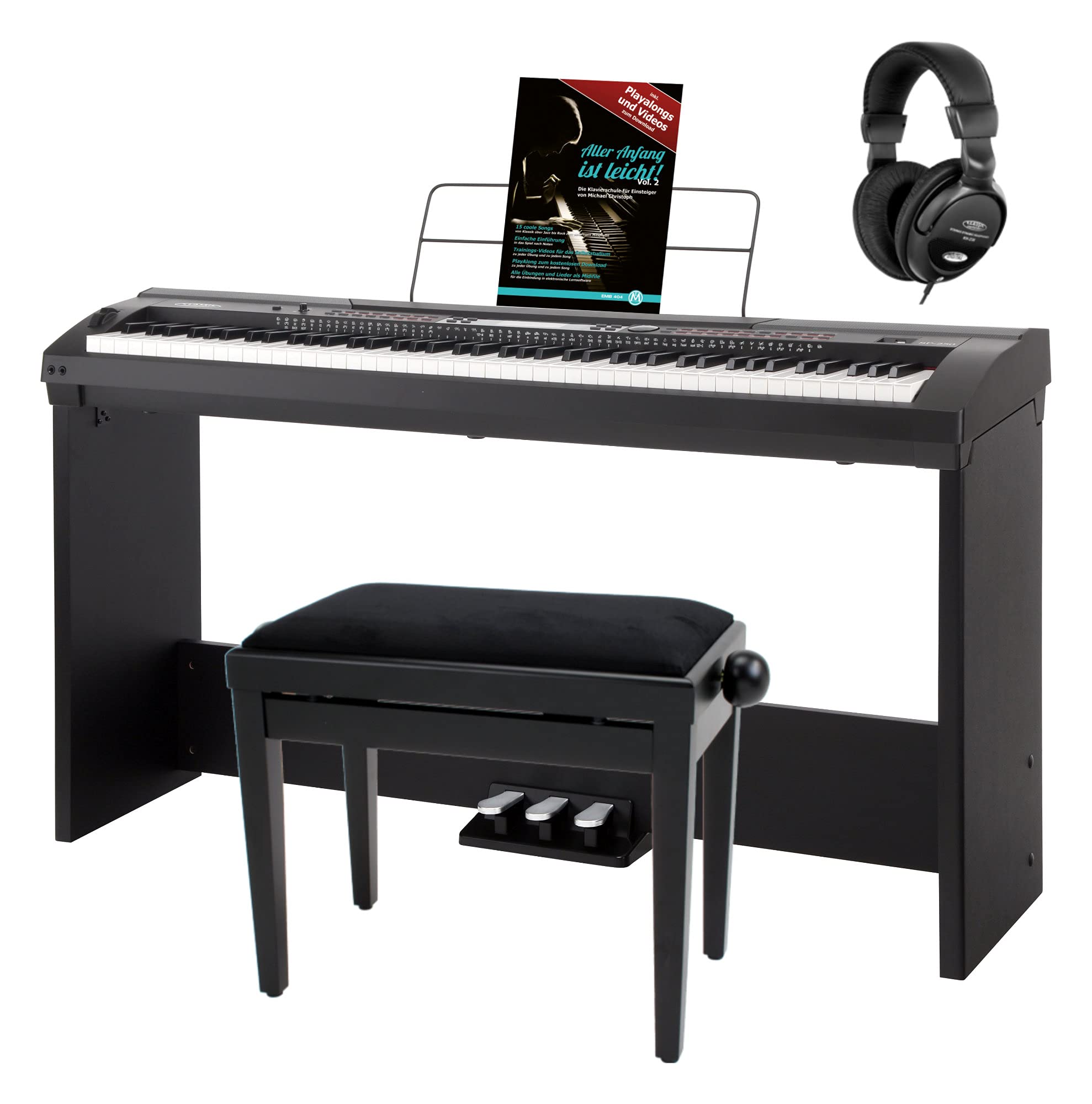 Classic Cantabile SP-250 BK Stagepiano schwarz Deluxe Set inkl. Ständer | 88 echte Hammertasten mit Anschlagdynamik, Max. Polyphonie: 128, 600 Voices, 120 Songs inkl. 5 User Songs, 5 Demo, Pitch Bend