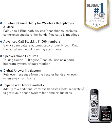 Miniatura 2 de Panasonic KX-TGD892S - Sistema de teléfono inalámbrico expandible, emparejamiento Bluetooth para audífonos y audífonos inalámbricos, bloqueo de