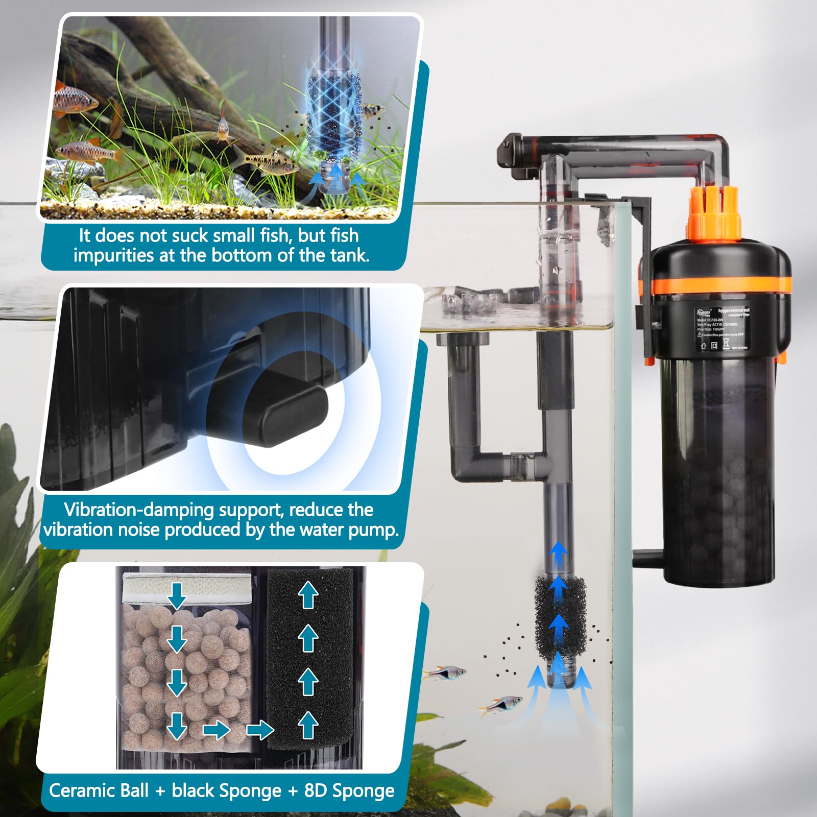 hygger External Hang-On-Back Canister Aquarium Filter,Quiet Fish Tank Filter with 3-Stage Filtration,Anti-Dry Burn Motor,Adjustable Flow,Oil Skimmer,Duckbill Nozzle,Shower Spray Bar (5W,≤10 gal) - image 5