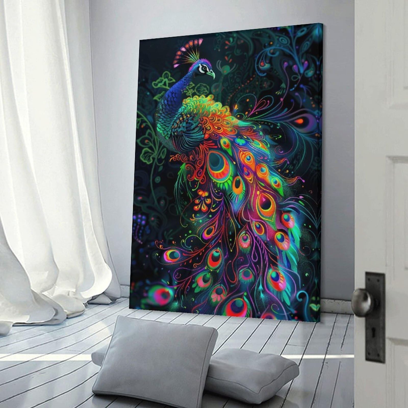 Junmoney Art Nouveau Neon Peacock Wall Decor Canvas Print, 20x30inch(50x75cm), for Living Room, Lounge Or Sitting Room, Easy Decor for Gallery Walls