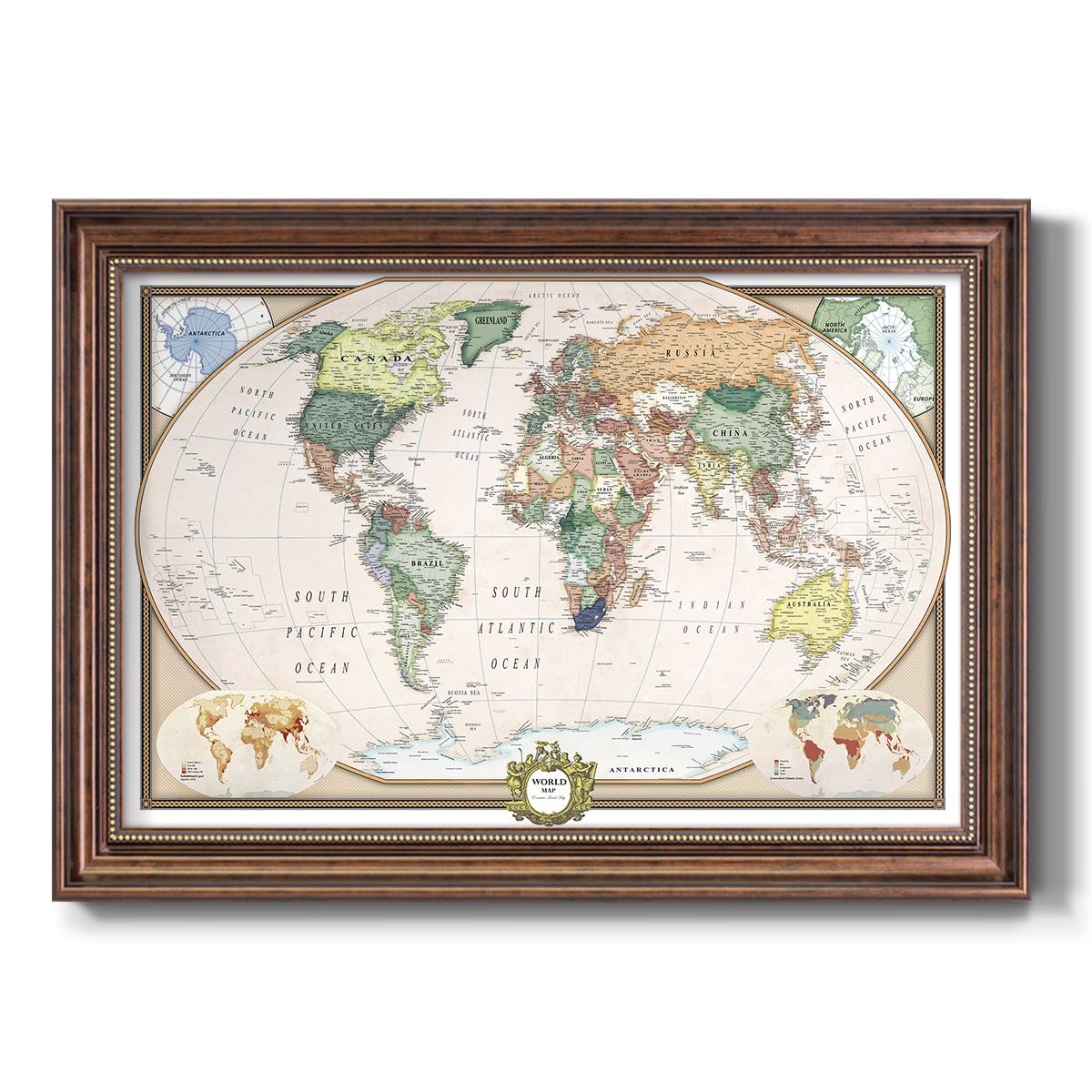 Renditions Gallery Colorful World Map Canvas Wall Art with Caramel Frame Wall Hanging Travel Map with Push Pins for Home, Office, Classroom
