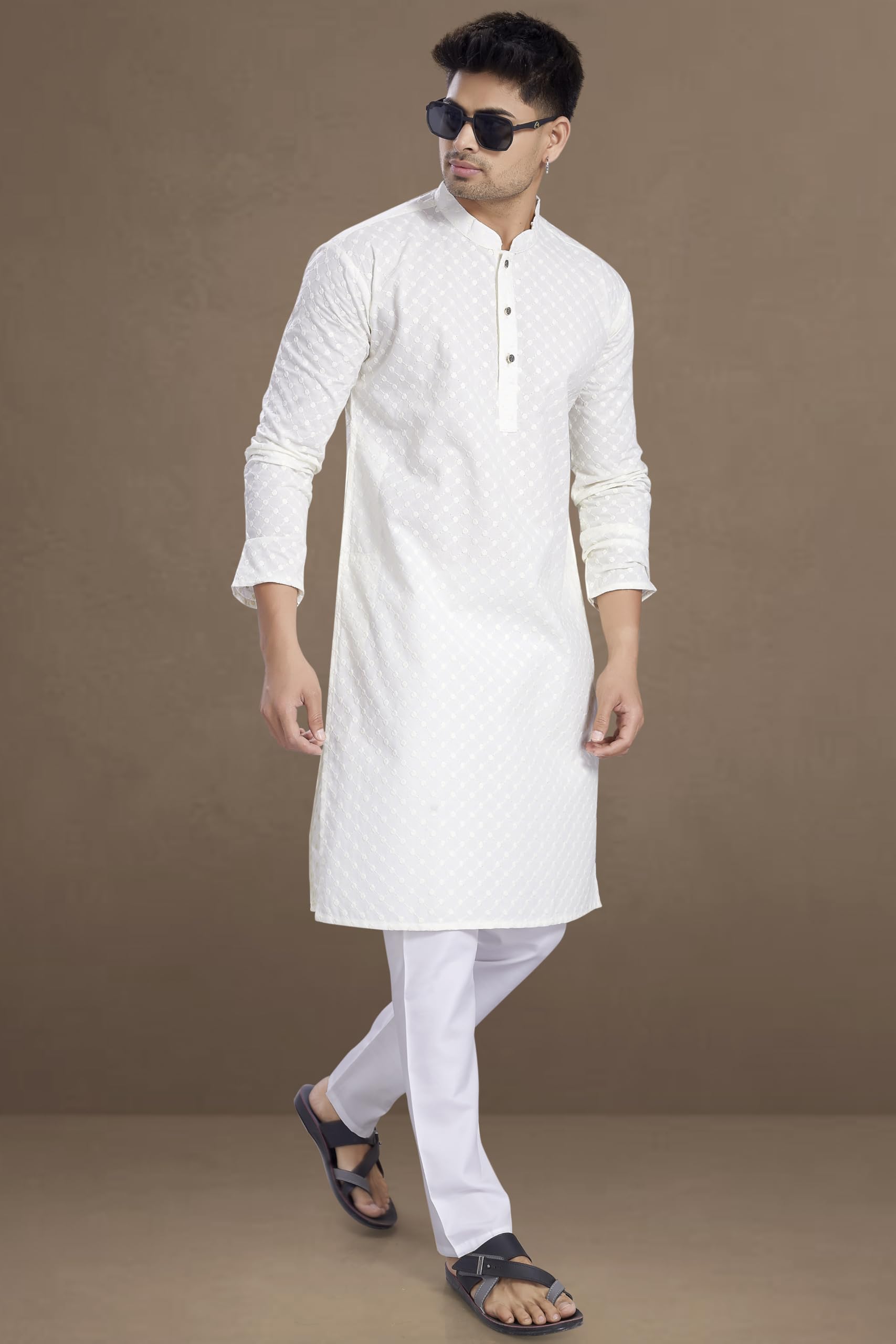 Divisive Men's Thread Embroidered Cotton Only Slim Fit Kurta (Dkrt1071_L_Off White)