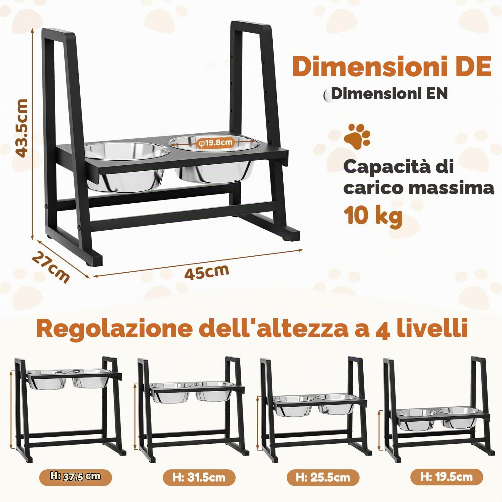 Yorbay Supporto Regolabile per Ciotole da Cane: 4 Altezze e 2 Ciotole