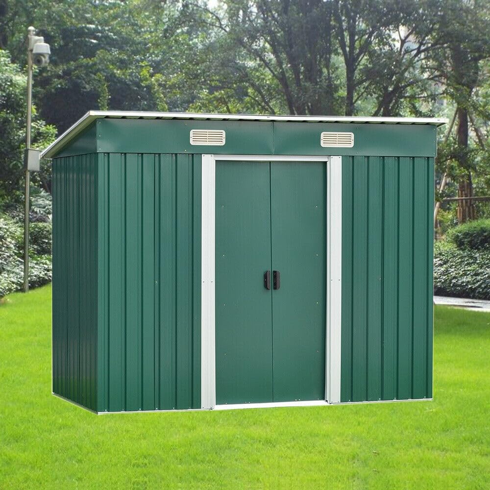 8ftx4ft Garden Outdoor Shed Green, Galvanized Steel Tools Storage House Bike Sheds for Backyard, Metal Base and Double Sliding Doors