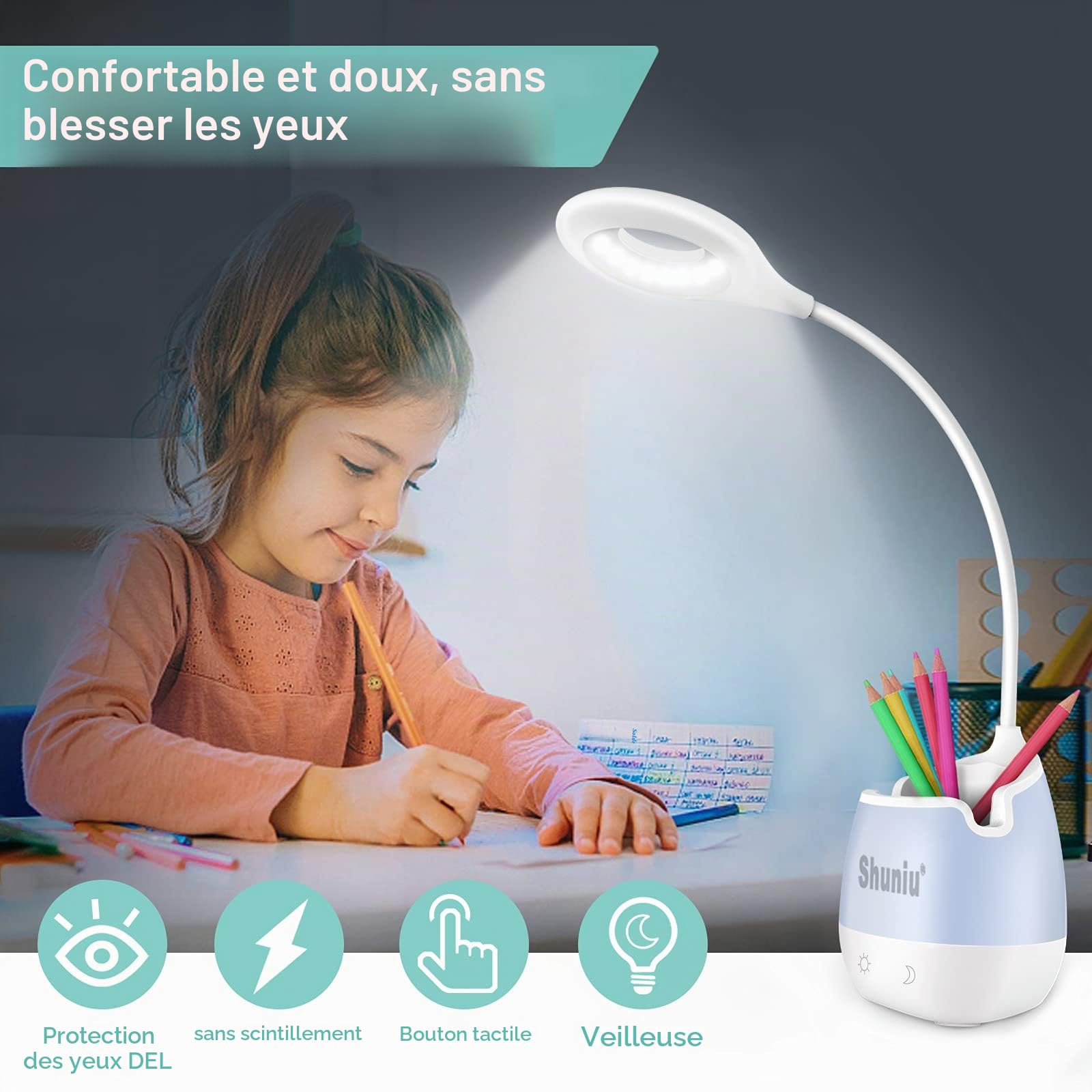 Shuniu Lampe de bureau pour enfants, 20 LED, à intensité variable, avec 3 niveaux de luminosité, RVB 256 couleurs, lampe de chevet et lampe de lecture, lampe de bureau avec support de téléphone