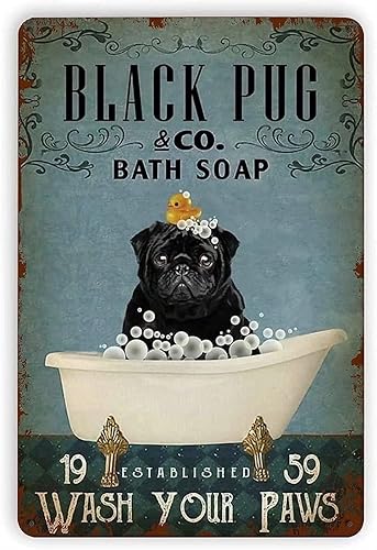 Miniatura 1 de Cartel de metal negro de Pug negro con jabón de baño de pug negro para lavar tus patas, póster divertido para cafetería, comedor, sala de estar,
