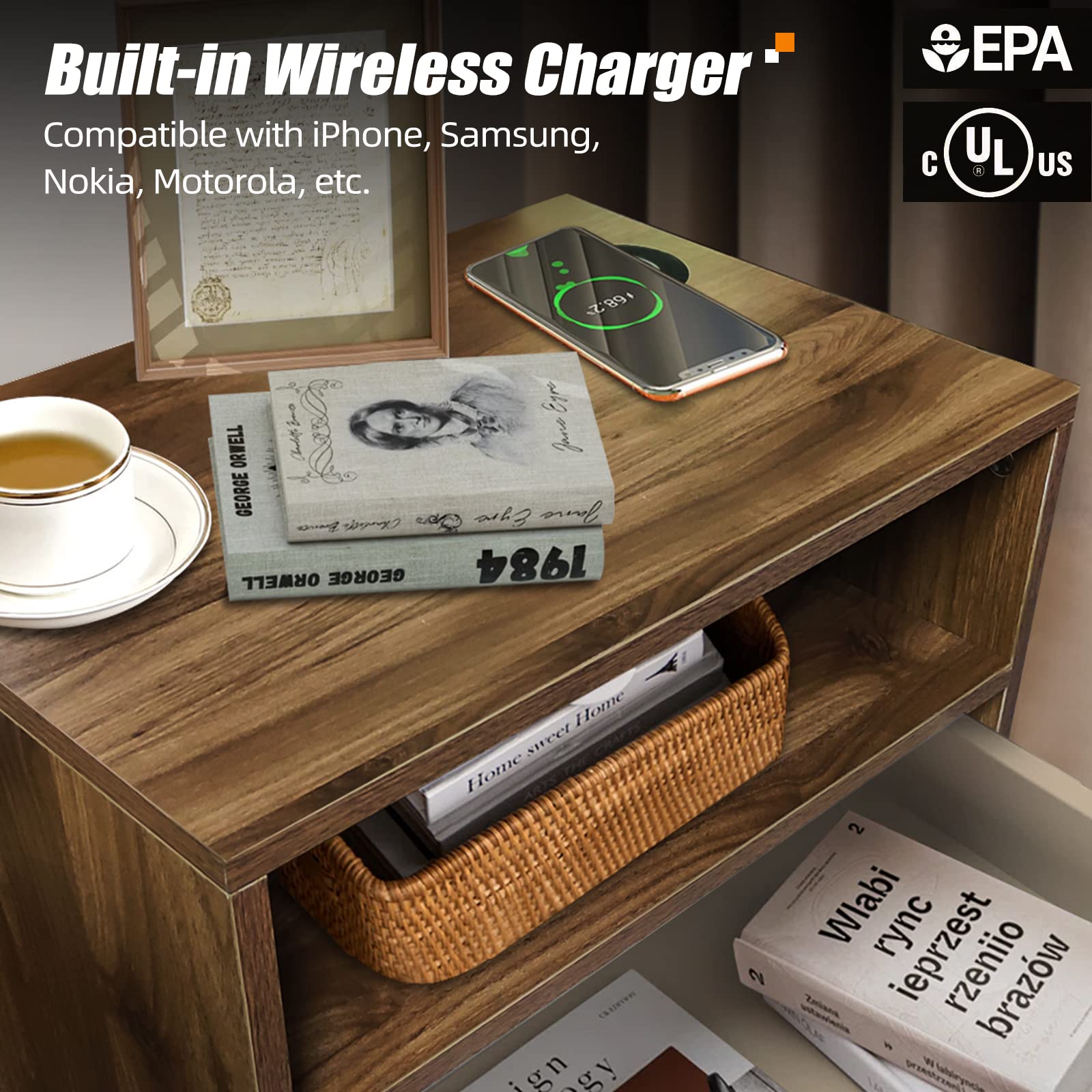 Nightstand with Charging Station and Led Lights - Mid Century Modern Nightstand with Wireless Charger, Bedside Charging Table with Single Drawer & Open Shelf, Dark Wood Nightstand for Bedroom, Walnut