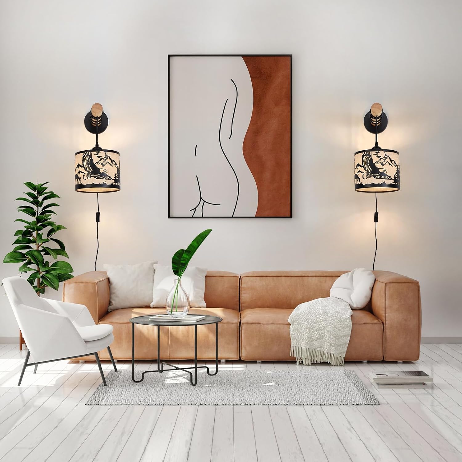 Rustic Plug-in Wall Sconces Set of 1, Deer Bald Eagle Cutout Metal and Wood Wall Lights with Linen Shade, Farmhouse Wall Lamps for Bedroom, Living Room, Cabin (Bulbs Not Included)