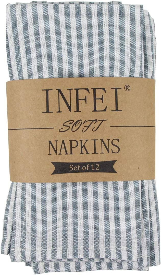 INFEI Plain Striped Cotton Linen Blended Dinner Cloth Napkins - Set of 12 (40 x 30 cm) - for Events & Home Use (Ocean)