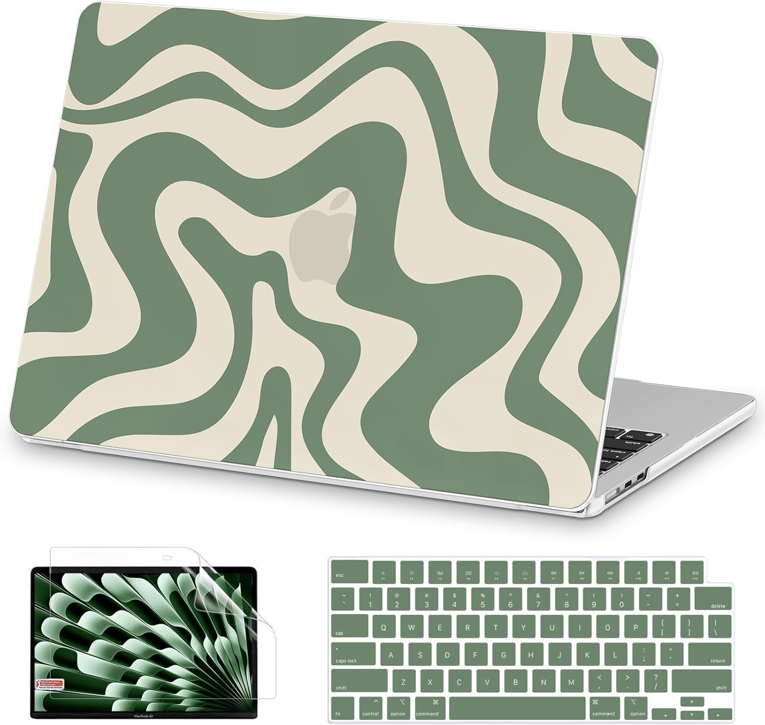 AKIT Compatible with MacBook Air 15 Inch Case 2025 2024 2023 M4 M3 M2 A3241 A3114 A2941, Unique Pattern Plastic Hard Shell Laptop Case+Keyboard Cover+Screen Protector for Mac Air 15 Inch, Green Wave