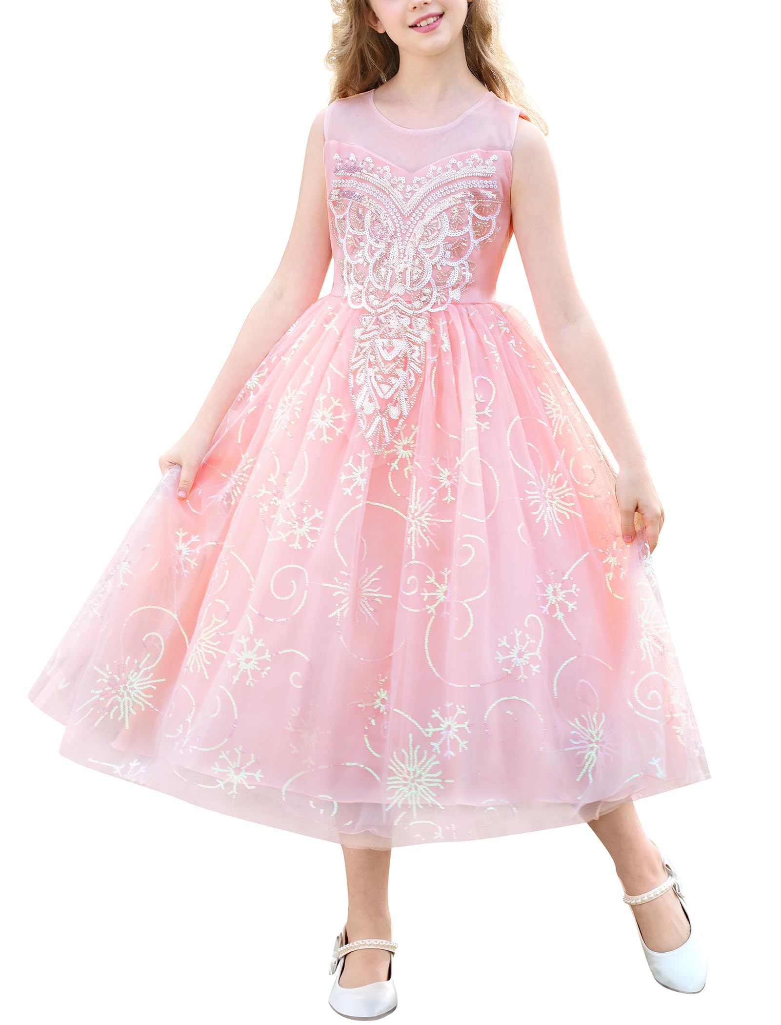 IDOPIP Enfant Fille Les Sequins Broderie Tulle Longue Robe Demoiselle d'honneur Fille Fleur Mariage La Fête Bal Officiel Soirée Anniversaire