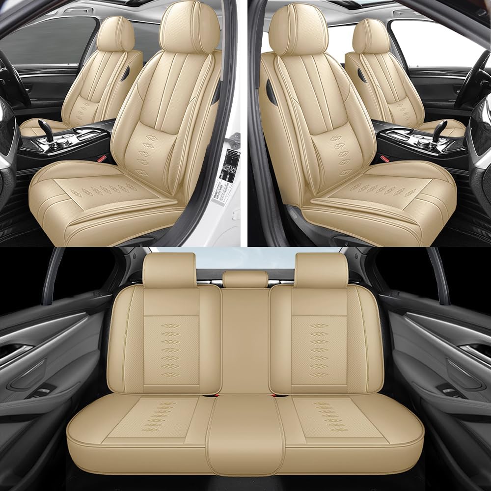Pick-up Truck Car Seat Covers for Nissan Frontier 1998-2024 2025,Waterproof Leather Seat Covers 5-Seats Standard,Truck Interior Accessories with Airbag,Seat Cover Sets for Frontier(Beige)