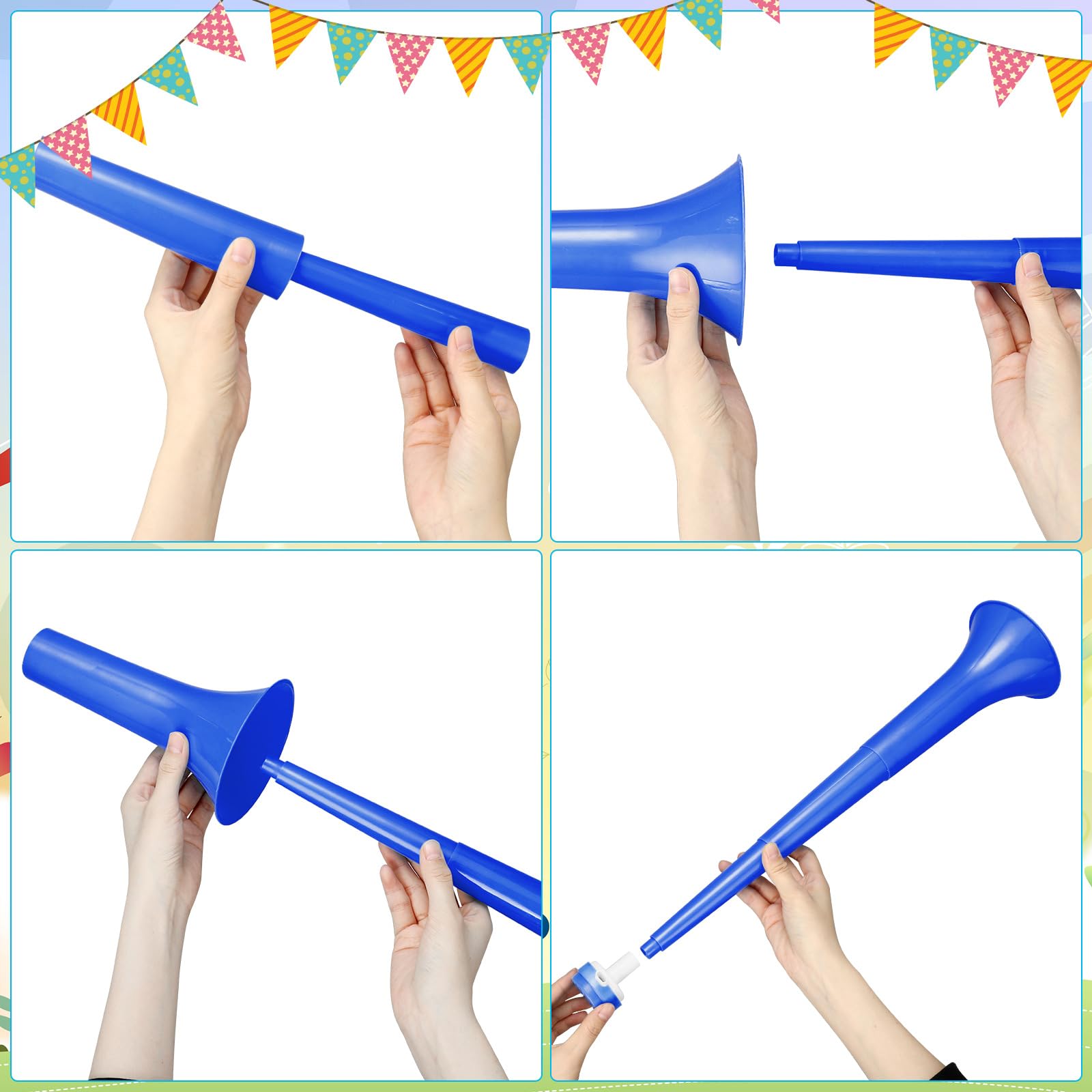 GCQJOQ 4 Pcs Blue Stadium Horn 21 Inch Vuvuzela Plastic Collapsible Cheering Trumpets for Sporting Events Football Carnival Party Supplies