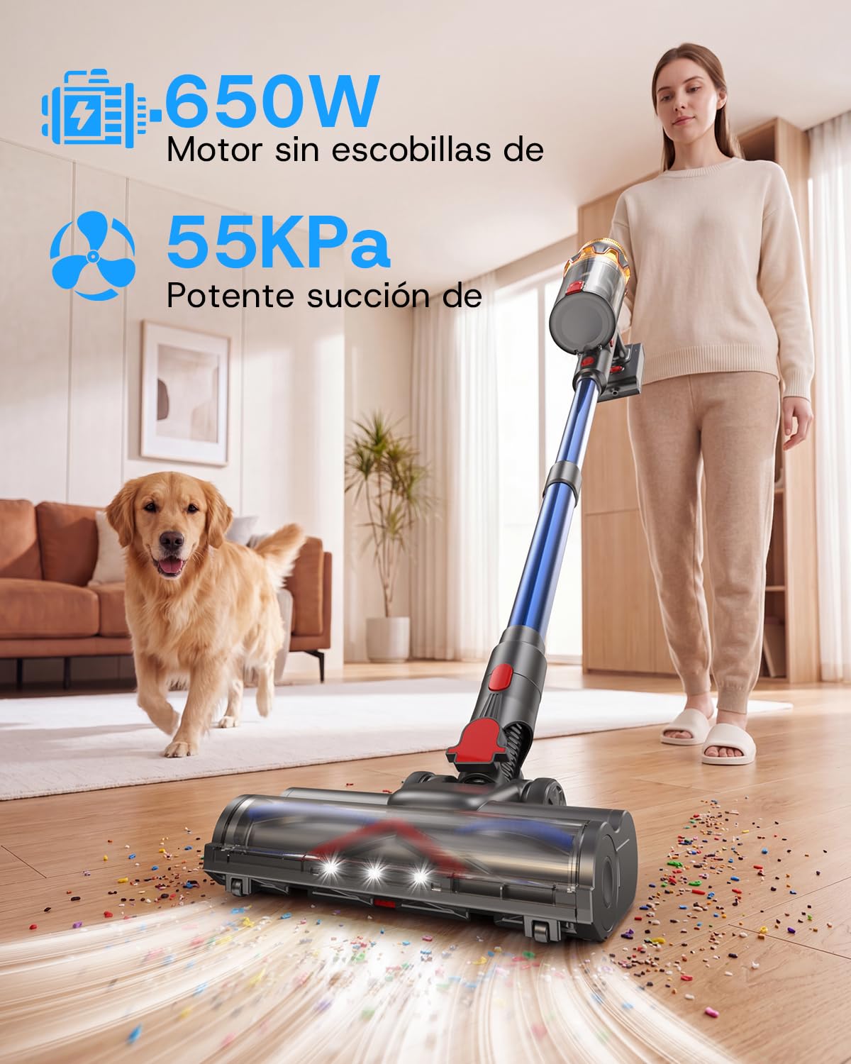 K10 Aspiradora sin Cable 650W/55KPa/80 Min con Modo Automático | Aspirador Escoba Potente con Pantalla Táctil LED, Cepillo en V Antienredos para Suelos Duros, Alfombras y Pelo de Mascotas