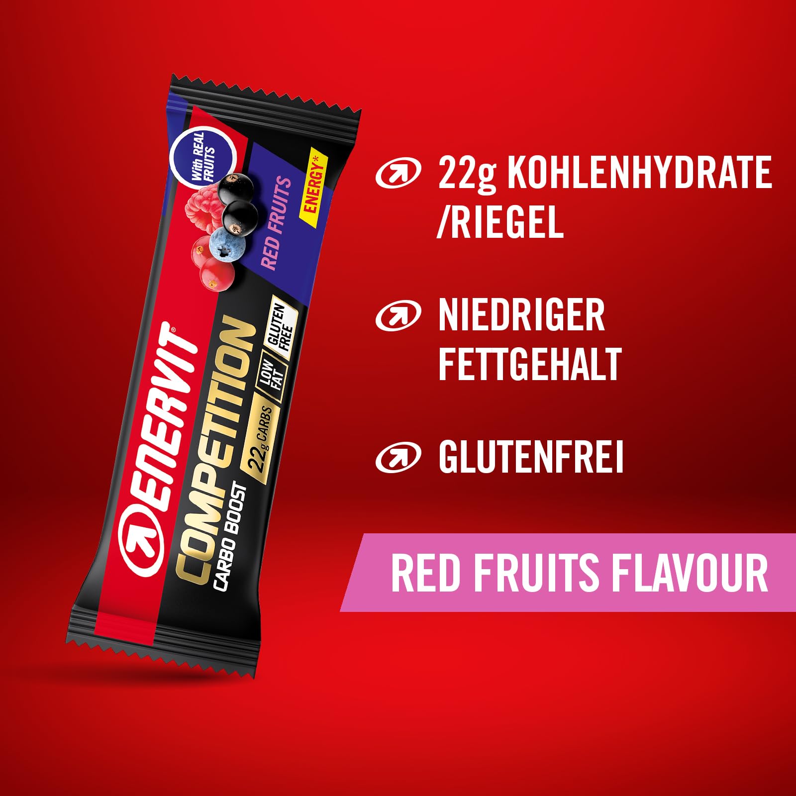 Enervit Competition Bar Red Fruits – Energieriegel mit 22 g Kohlenhydrate, innovative Formel für intensive Aktivitäten, Vegan, Glutenfrei, Geschmack roter Früchte, 12 Riegel à 30 g