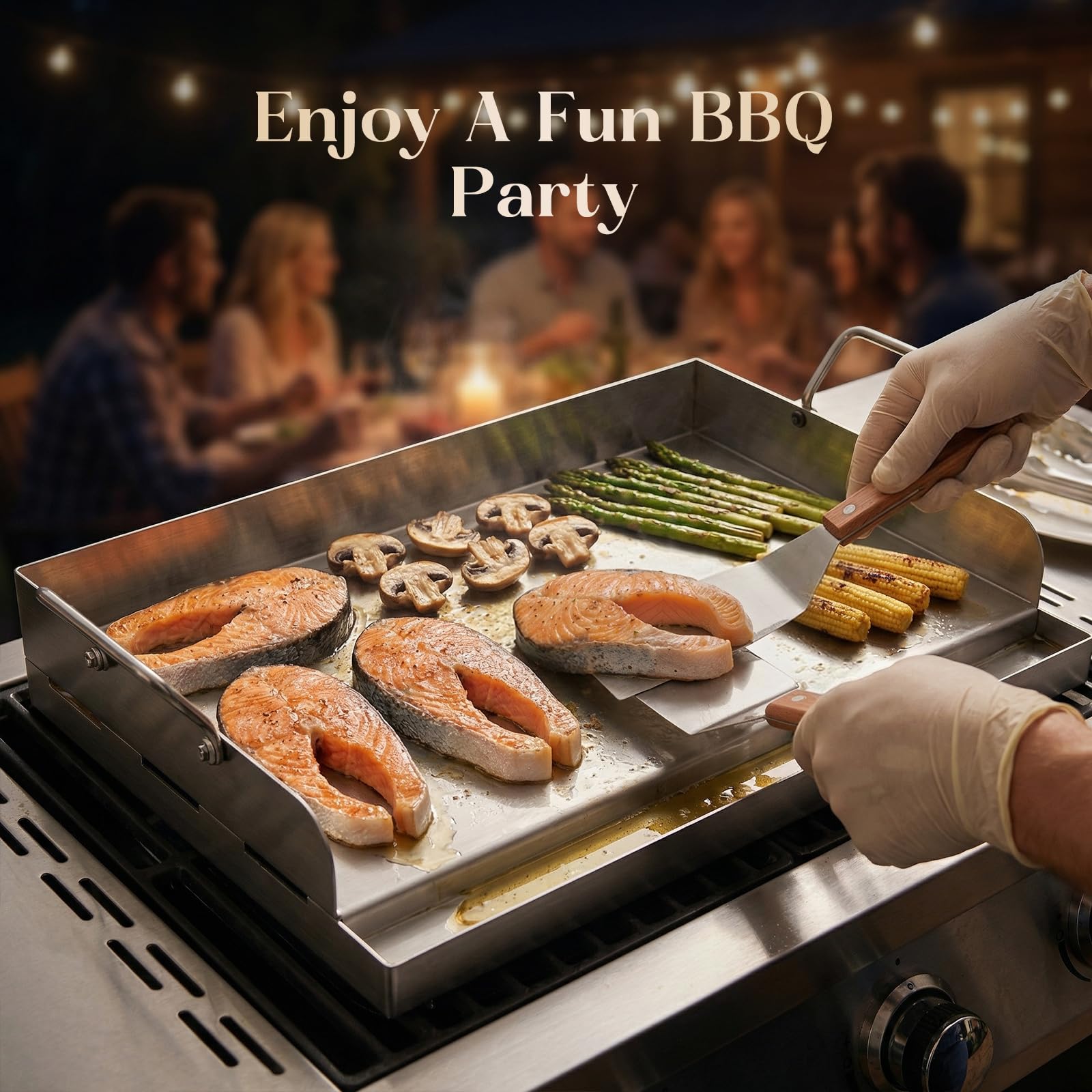 Piastra per barbecue in acciaio inox, 54 x 41 cm, grande piastra con 2 spatole, piastra per barbecue con manico rimovibile e canalina di raccolta grasso alta 3 cm, per barbecue a gas e